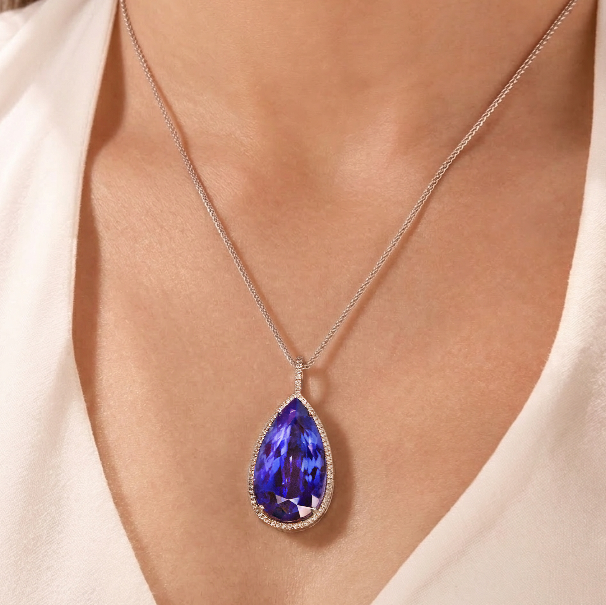 Shimansky 58 TCW Tanzanite Pear Halo Pendant in 18K White Gold Model View