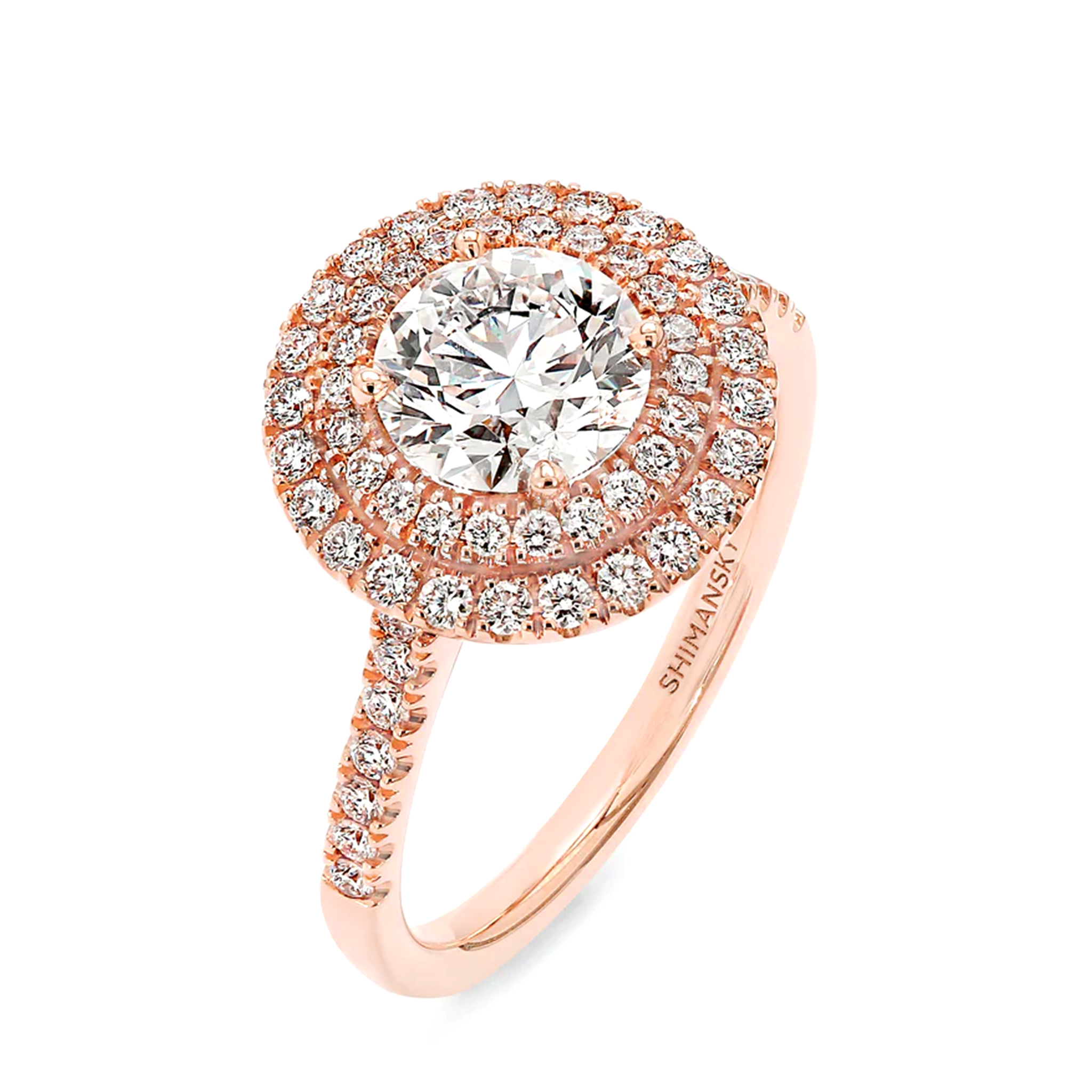 Shimansky 1.3 TCW Round Diamond Microset Double Halo Engagement Ring in 18K Rose Gold 3D View