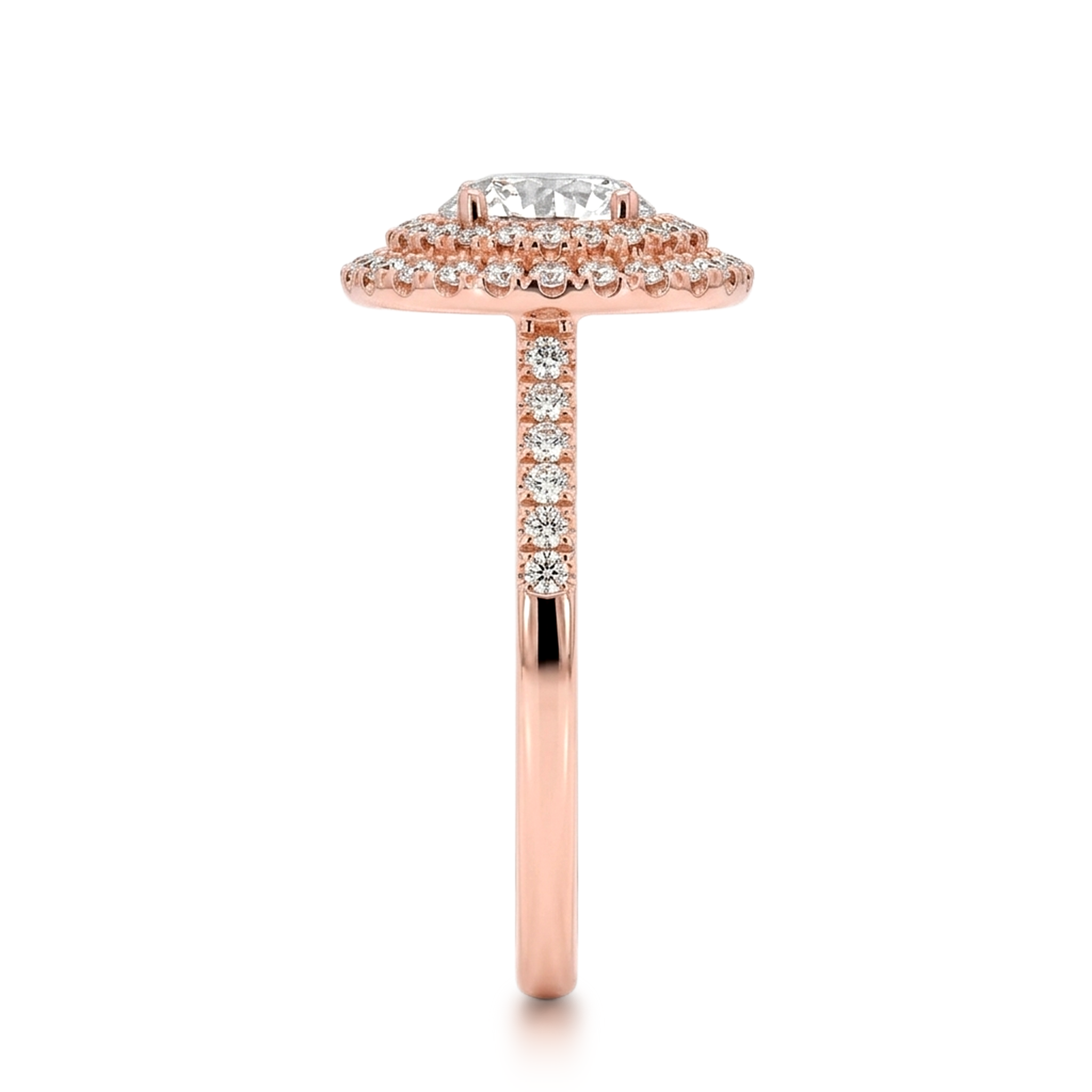 Shimansky 1.3 TCW Round Diamond Microset Double Halo Engagement Ring in 18K Rose Gold Profile View