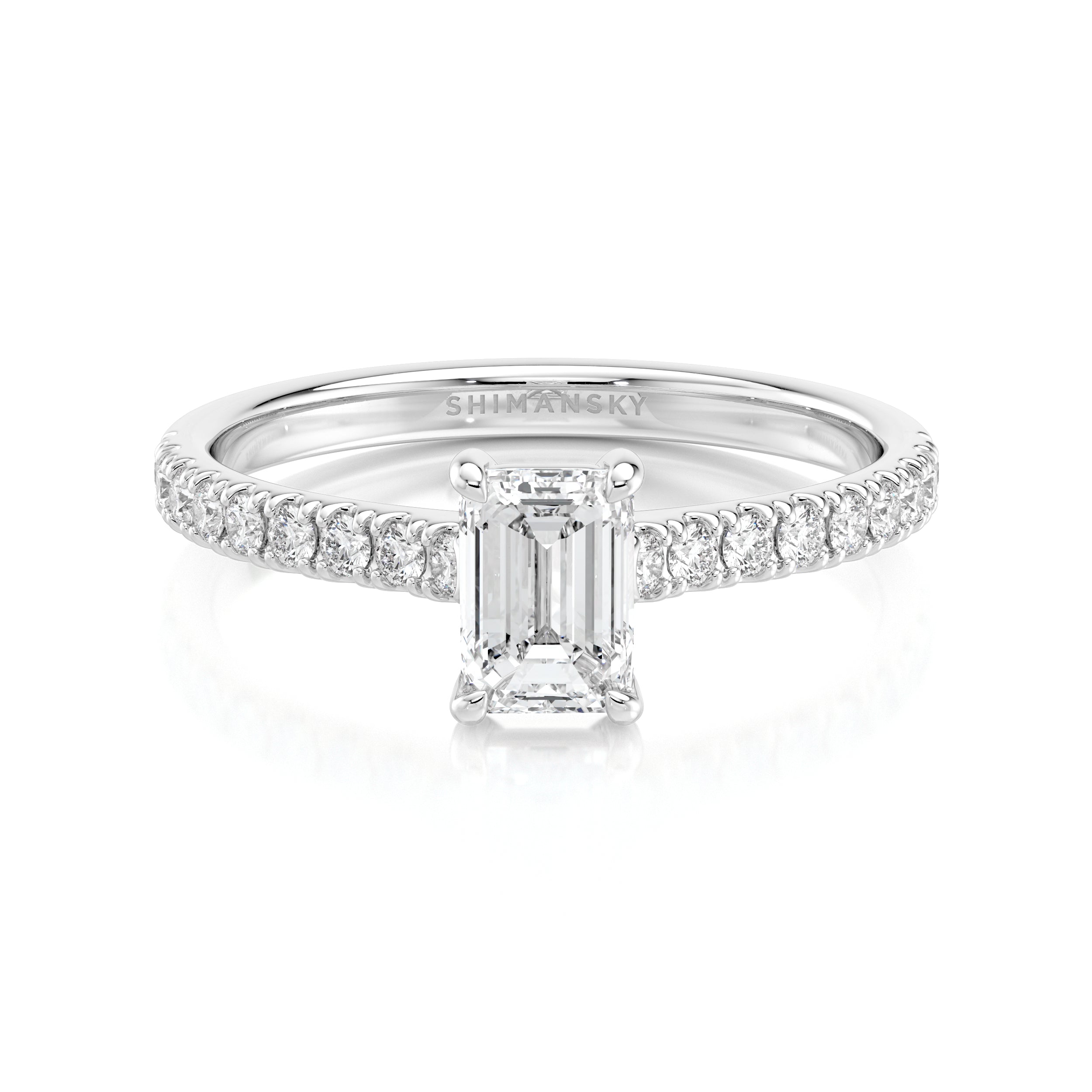 Shimansky 0.9 TCW Emerald Diamond Microset Engagement Ring Platinum Front View