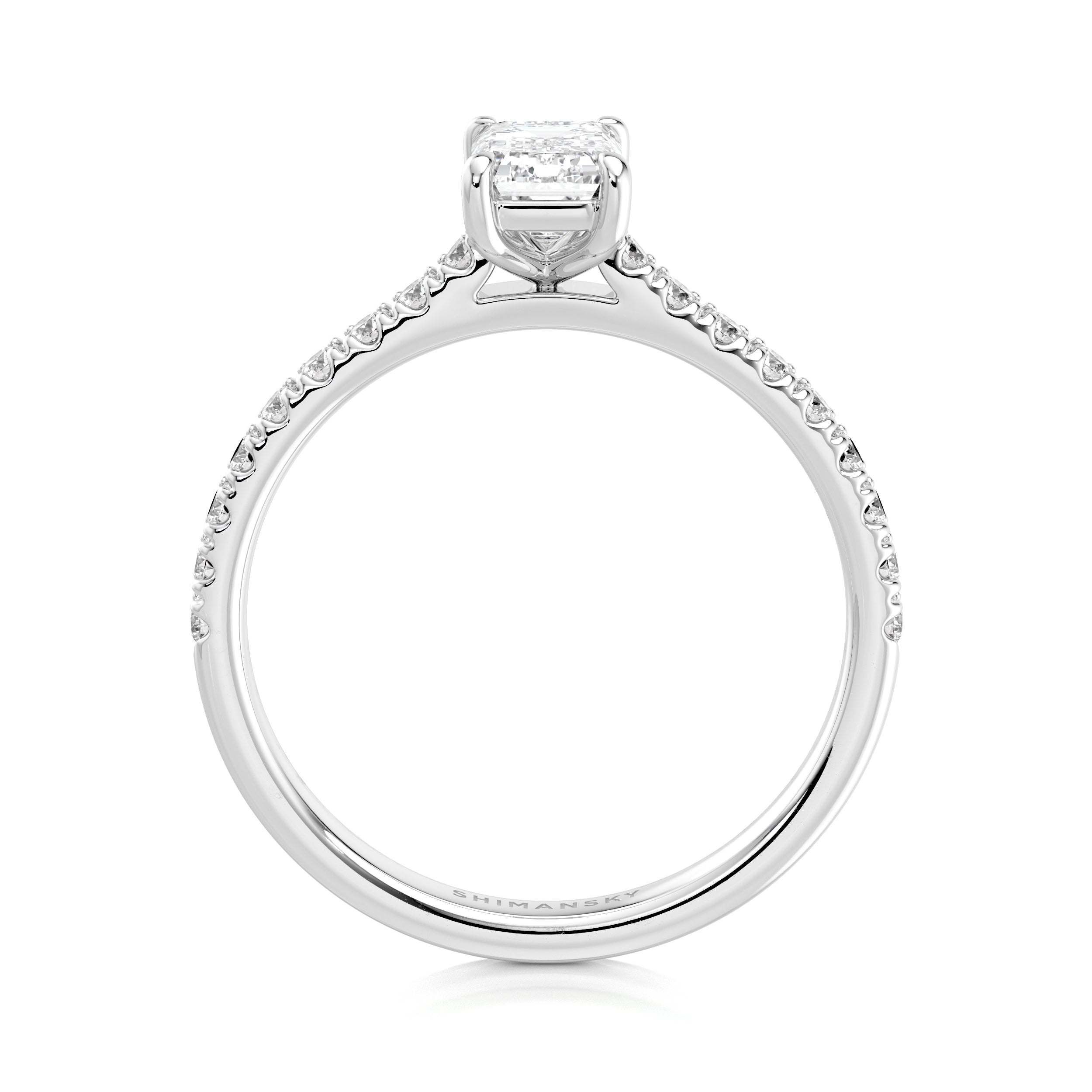 Shimansky 0.9 TCW Emerald Diamond Microset Engagement Ring Platinum Profile View