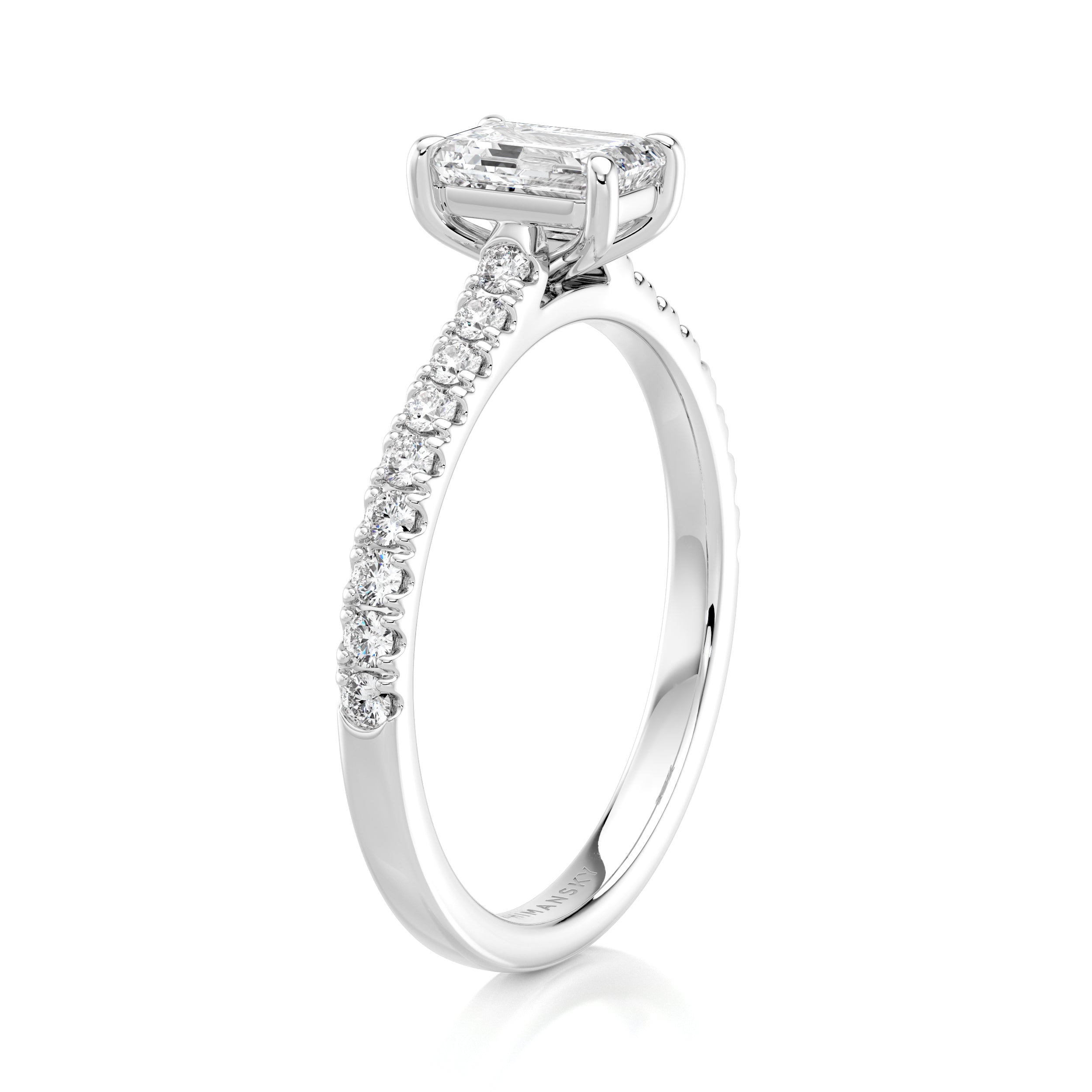 Shimansky 0.9 TCW Emerald Diamond Microset Engagement Ring Platinum Side View