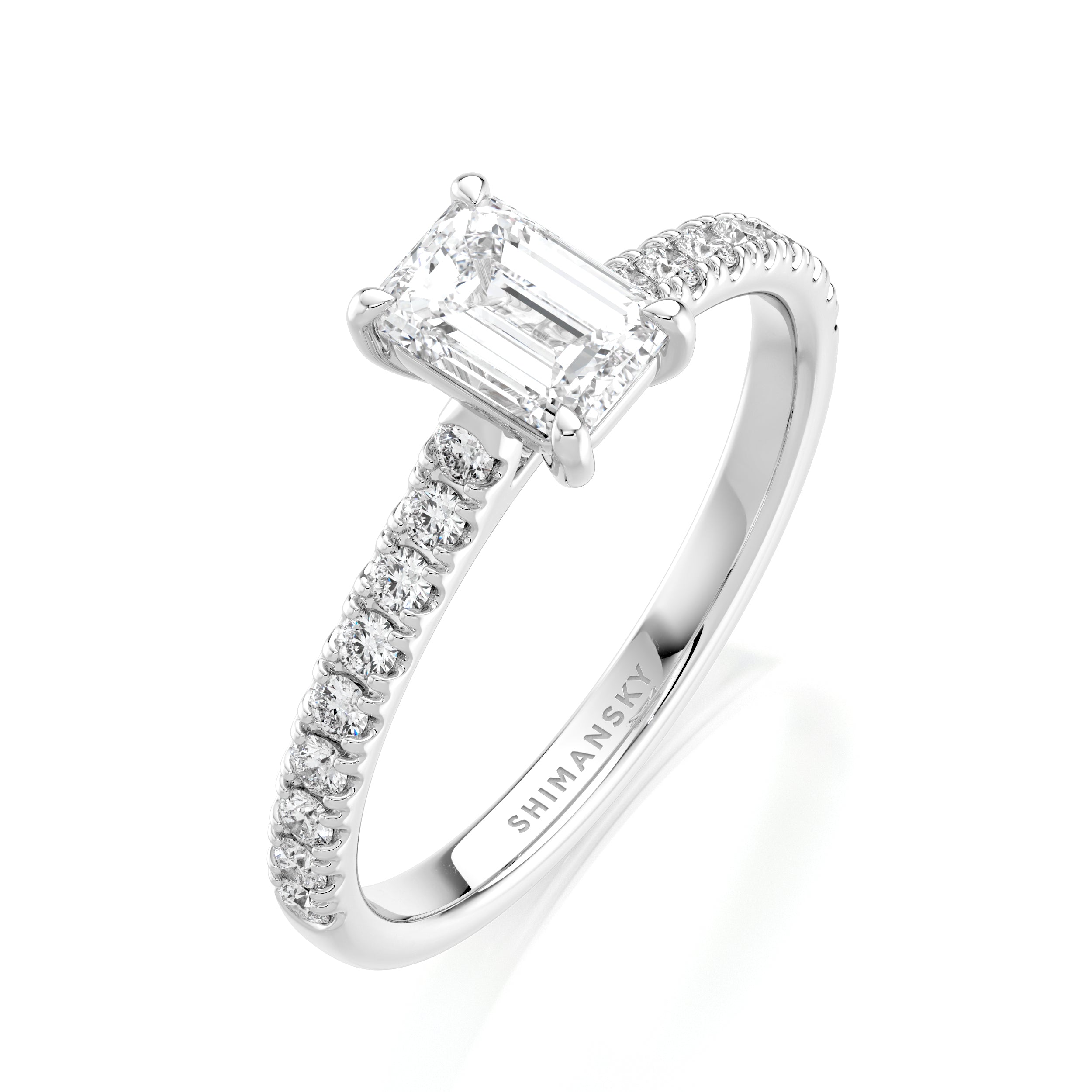 Shimansky 0.9 TCW Emerald Diamond Microset Engagement Ring Platinum 3D View #card-first