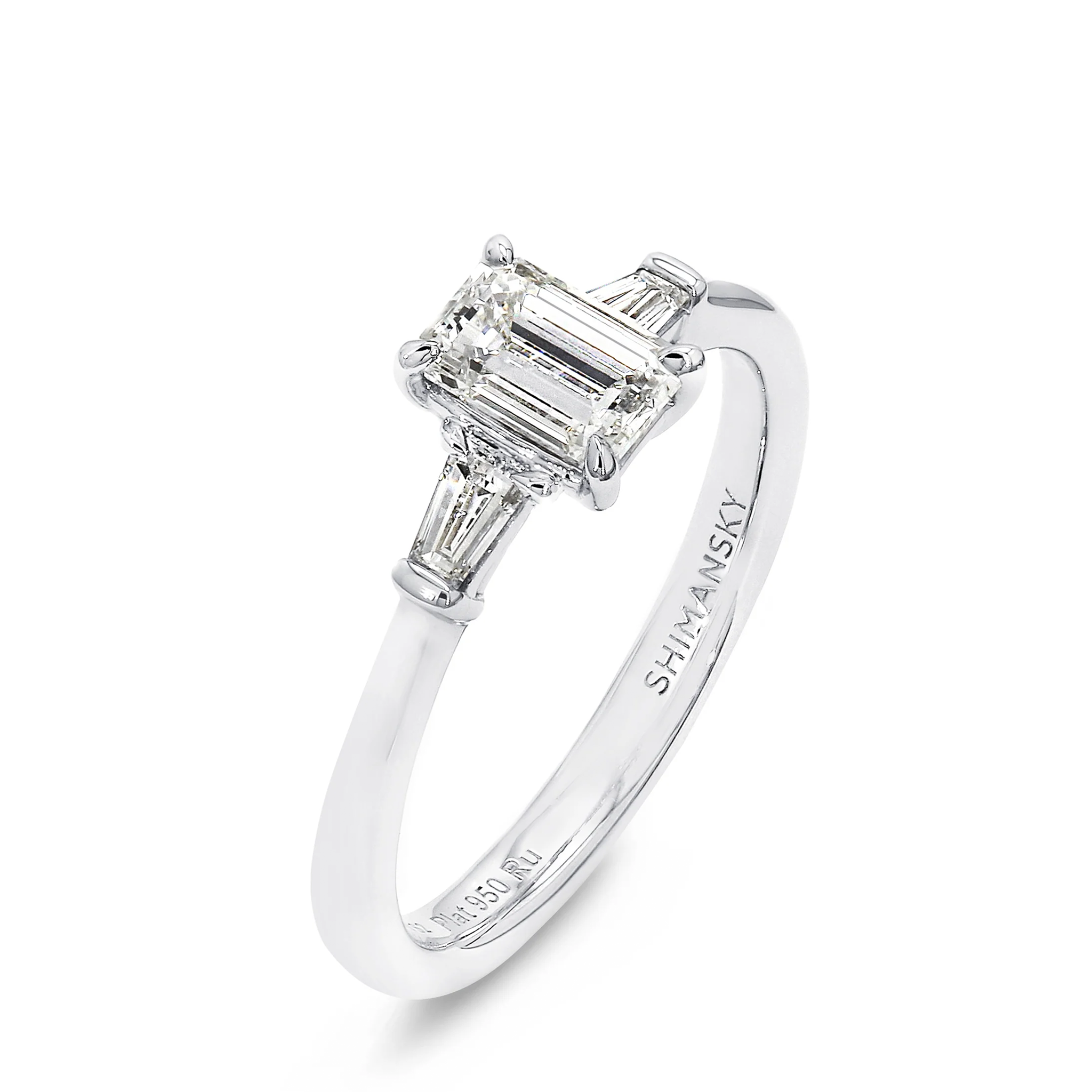 Shimansky Emerald-Cut Diamond Dahlia Engagement Ring Platinum 3D View #card-first