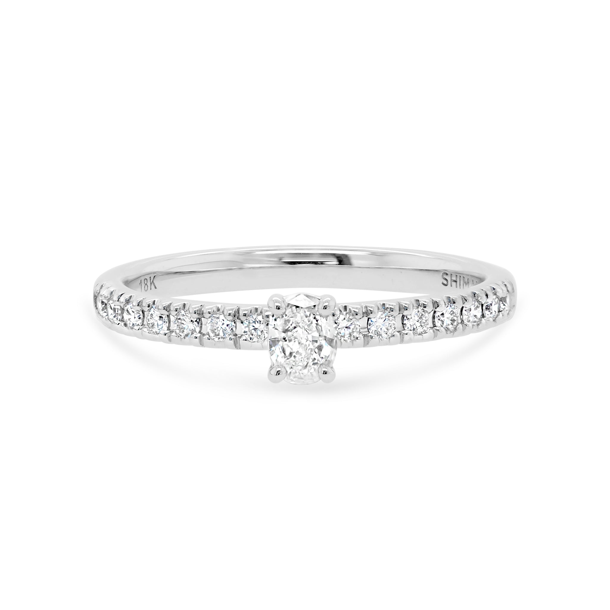 Shimansky 0.15ct Oval Microset Diamond Ring in 18K White Gold Front View