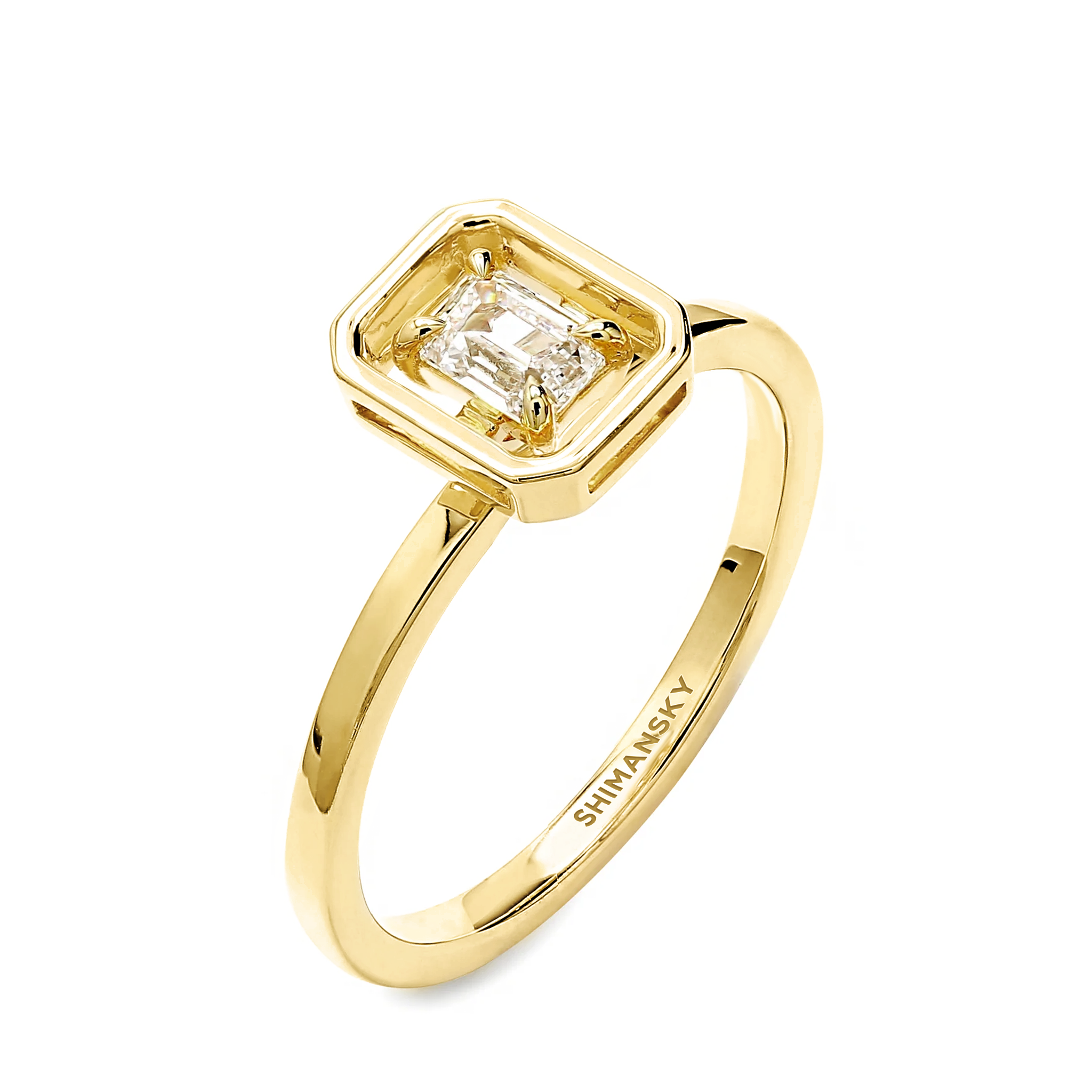 Shimansky 0.3ct Saturn Emerald Diamond Solitaire Ring in 14K Yellow Gold 3D View