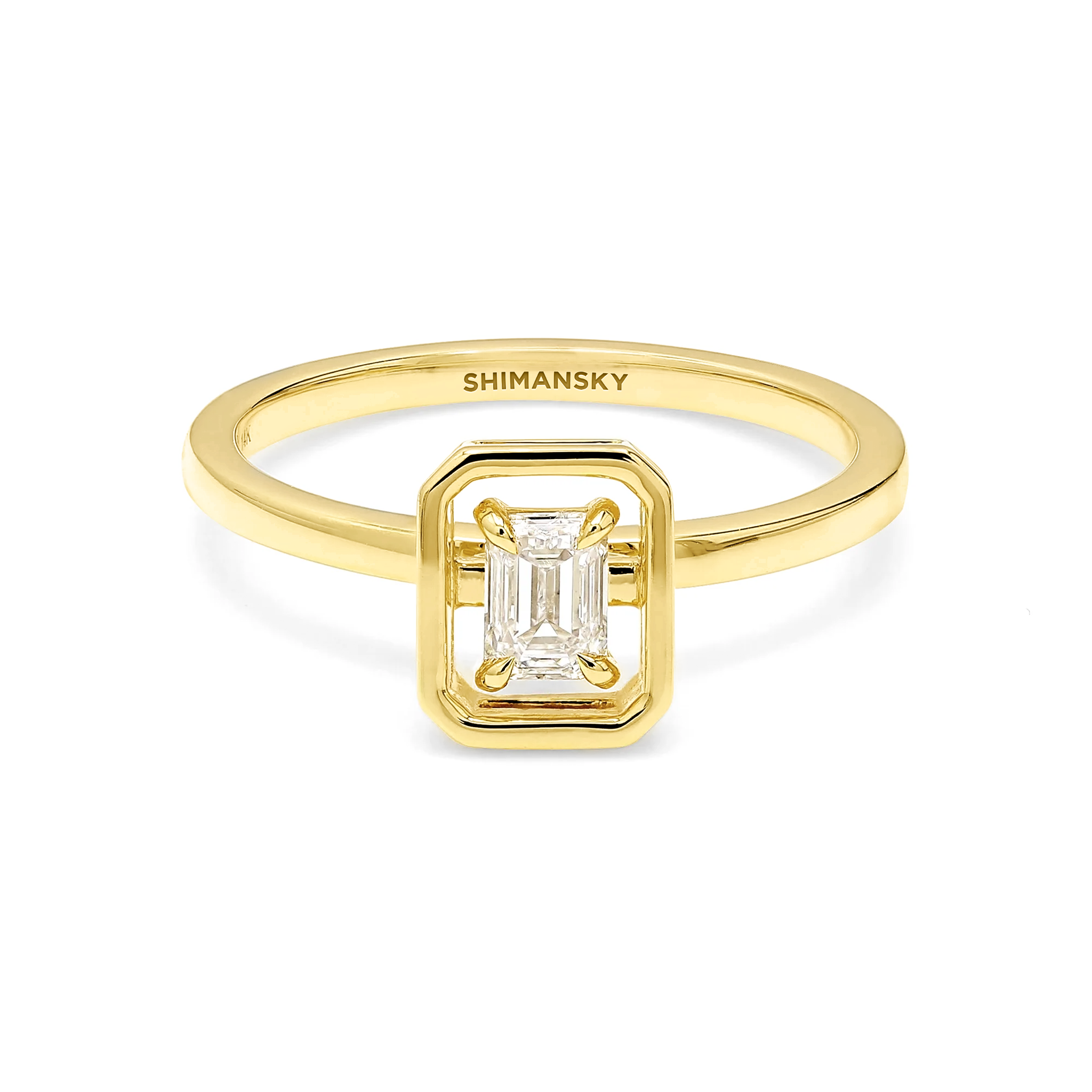 Shimansky 0.3ct Saturn Emerald Diamond Solitaire Ring in 14K Yellow Gold Front View