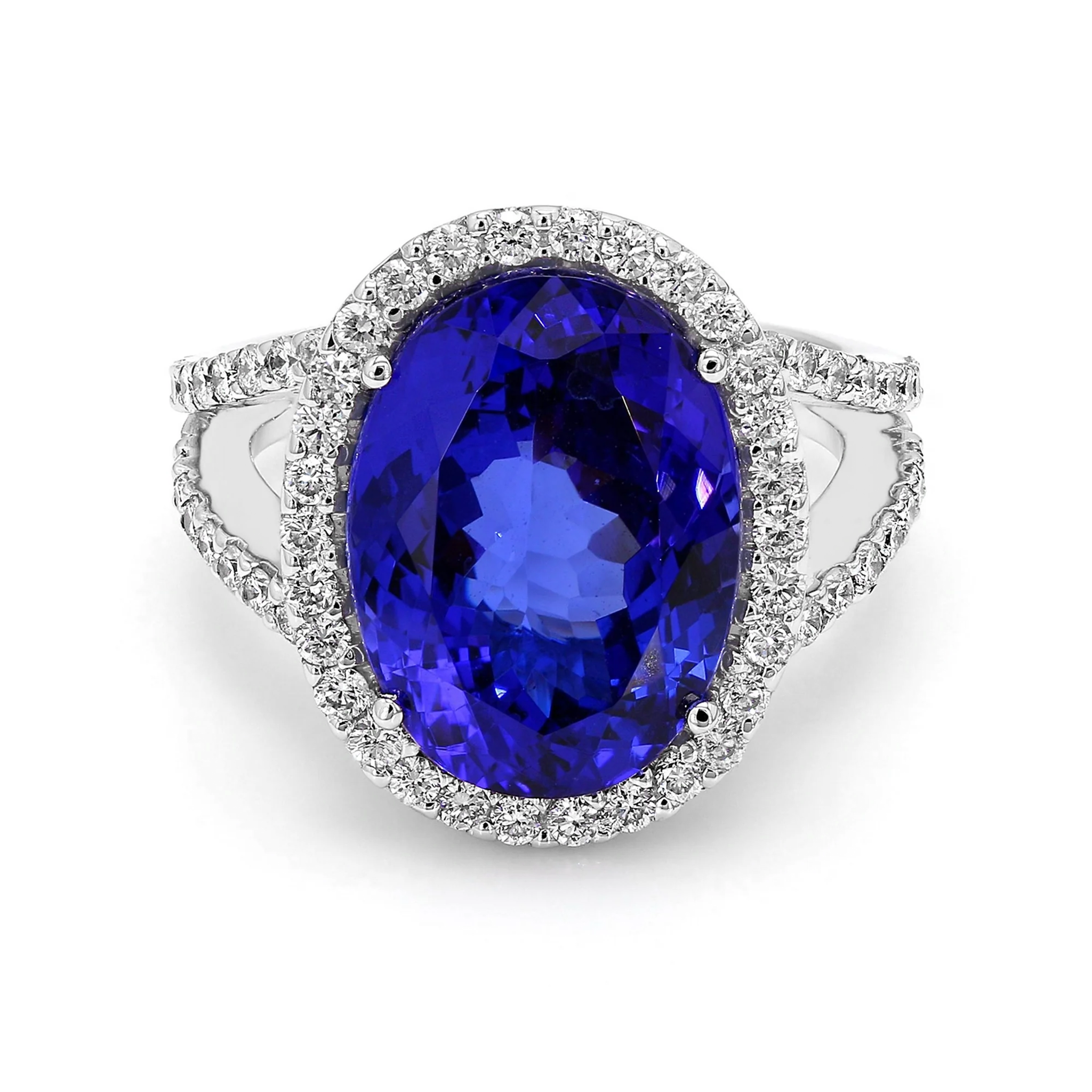 Shimansky 9 Carat Tanzanite and Diamond Halo Ring in 18K White Gold Front View
