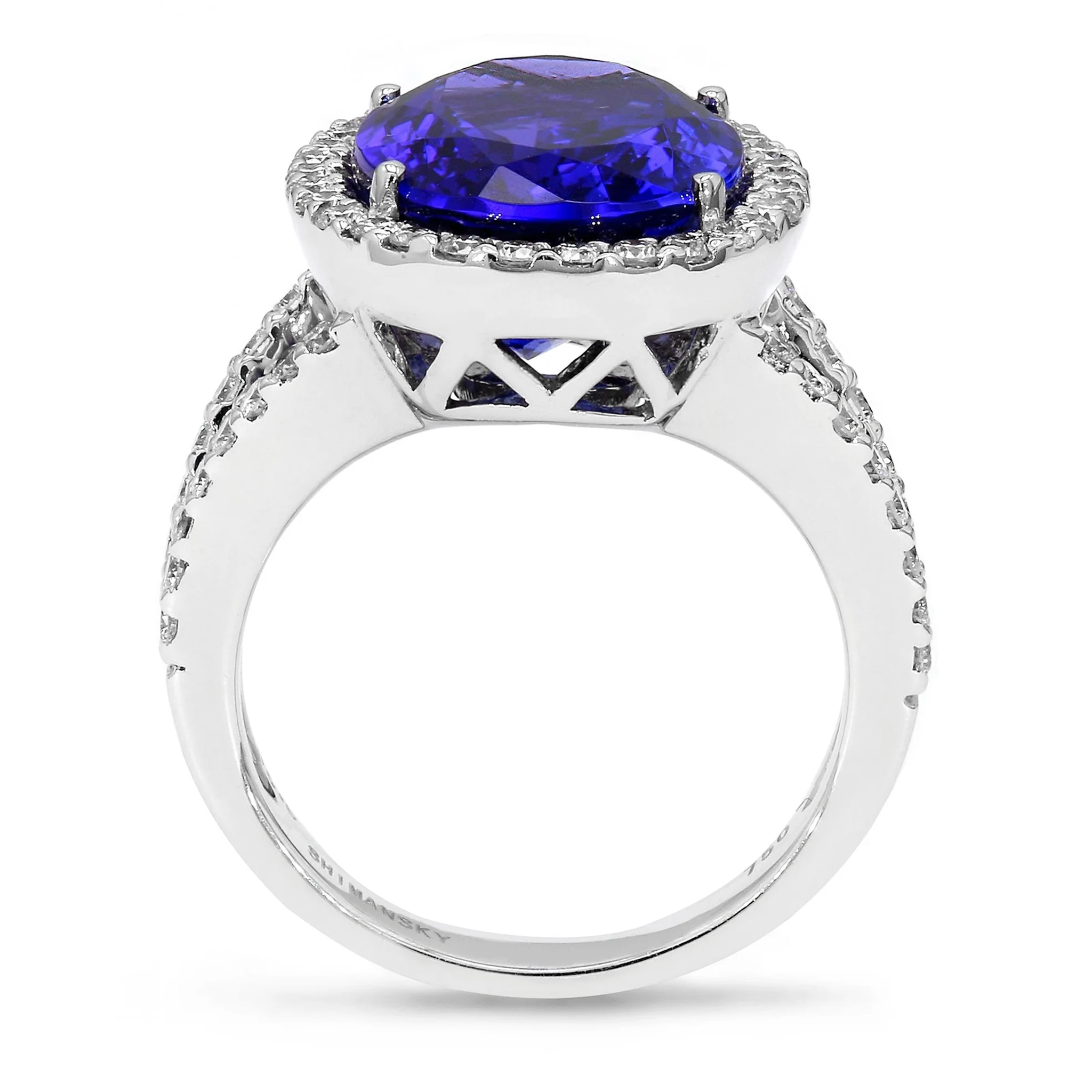 Shimansky 9 Carat Tanzanite and Diamond Halo Ring in 18K White Gold Side View