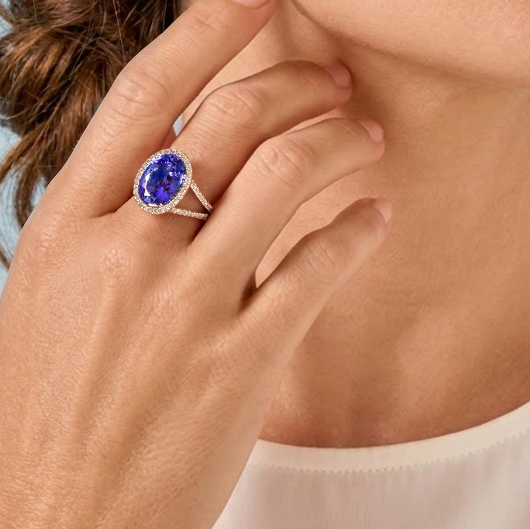Shimansky 9 Carat Tanzanite and Diamond Halo Ring in 18K White Gold Model View