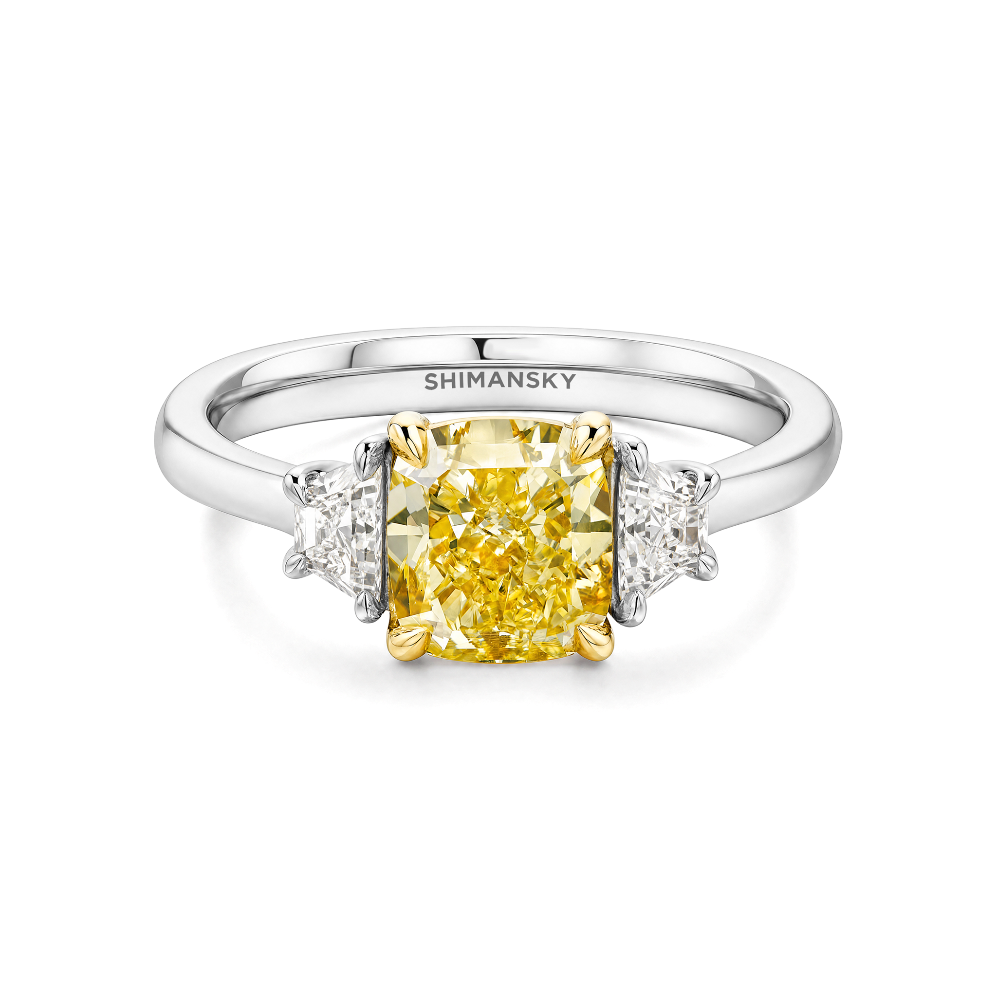 Cushion Fancy Yellow Tapeze Side Stone Ring