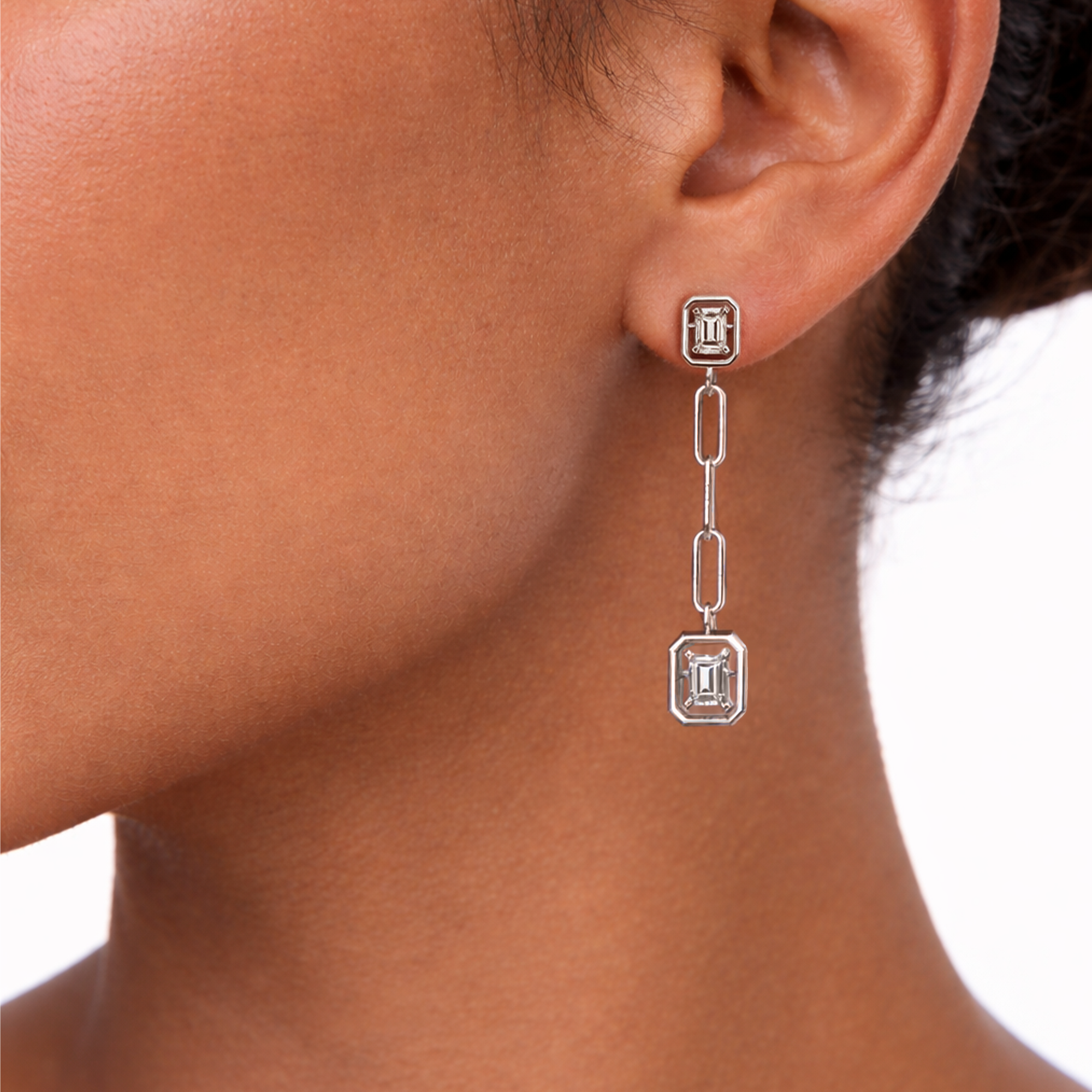 Shimansky 0.9 TCW Saturn Emerald Diamond Drop Earrings in 14K White Gold Model View