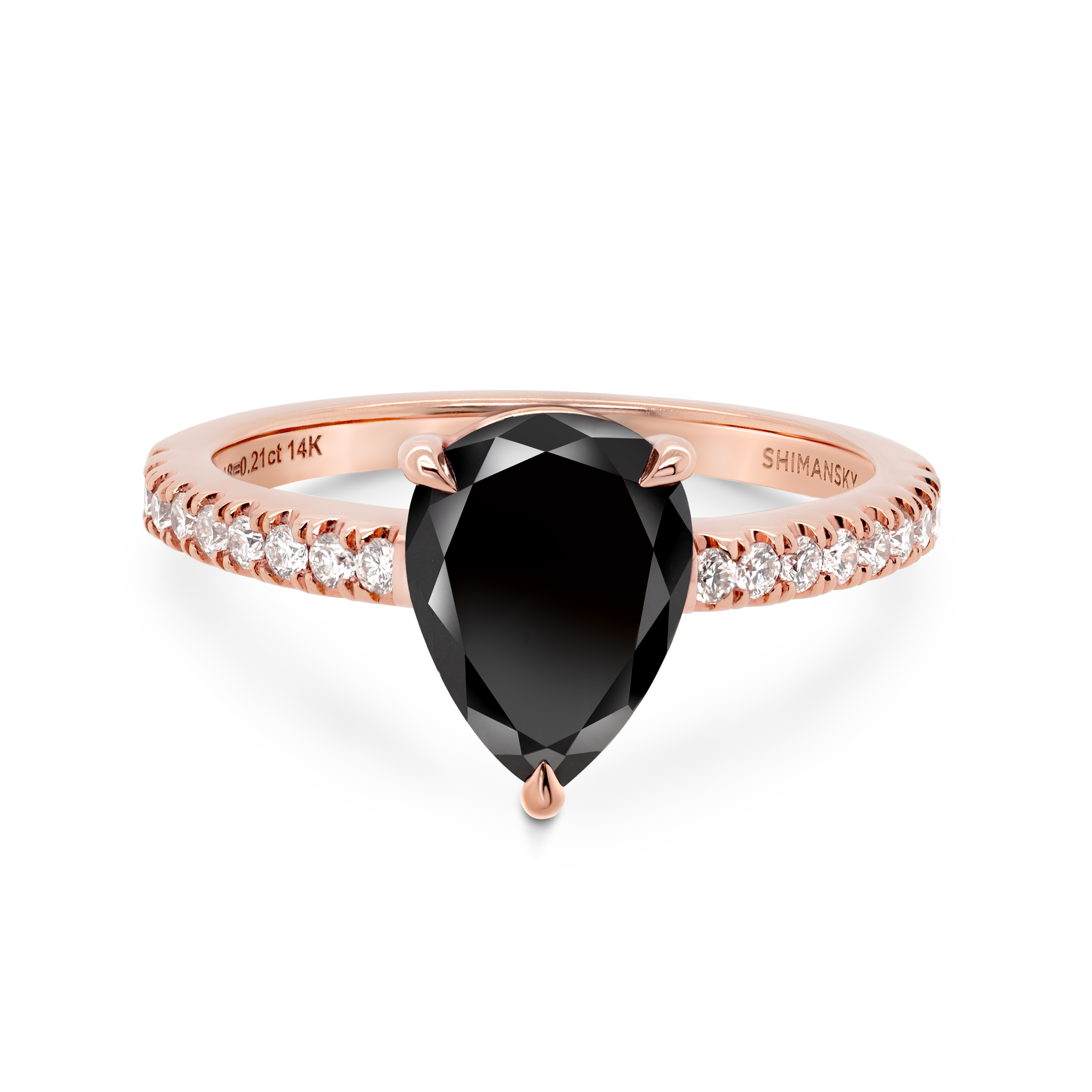 Shimansky 2.1 TCW Pear Black Diamond Microset Engagement Ring in 14K Rose Gold Front View