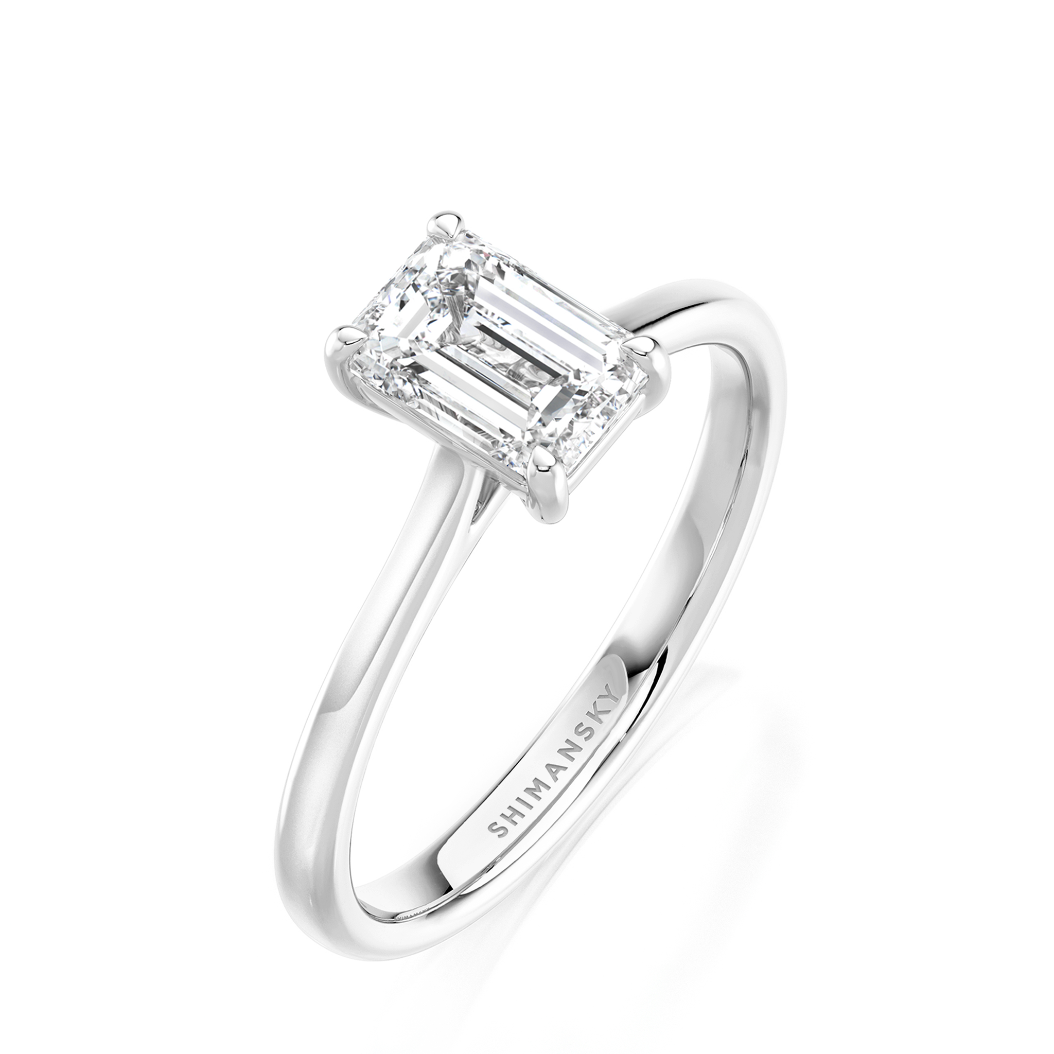 Shimansky Emerald-Cut Diamond Solitaire Engagement Ring in Platinum 3D View #card-first