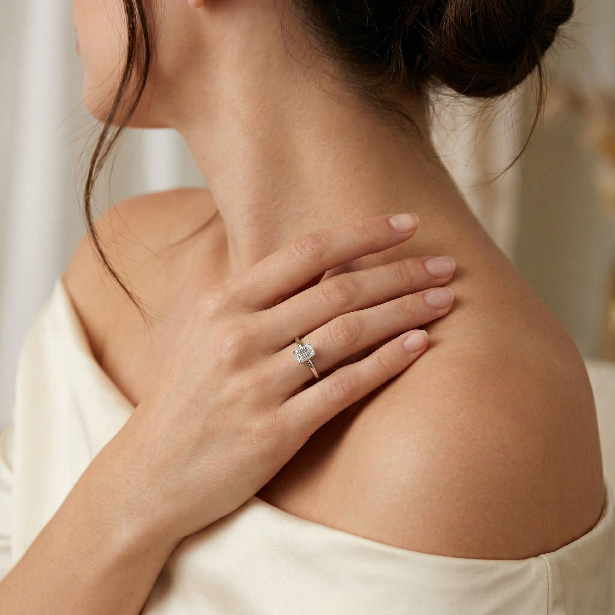 Shimansky Emerald-Cut Diamond Solitaire Engagement Ring in Platinum Lifestyle View