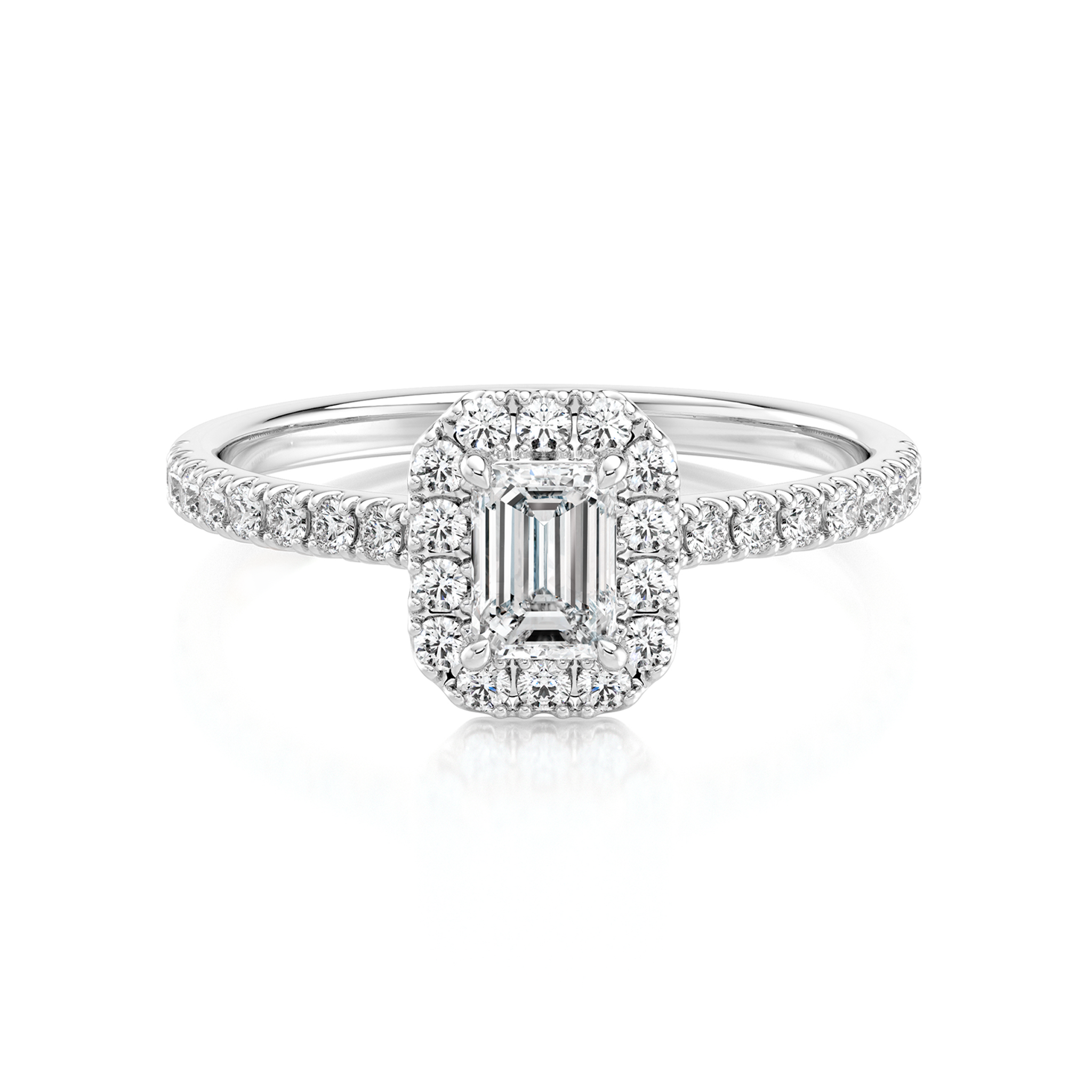 Shimansky 0.7 TCW Emerald-Cut Diamond Microset Halo Engagement Ring in White Gold Front View #Metal_White Gold