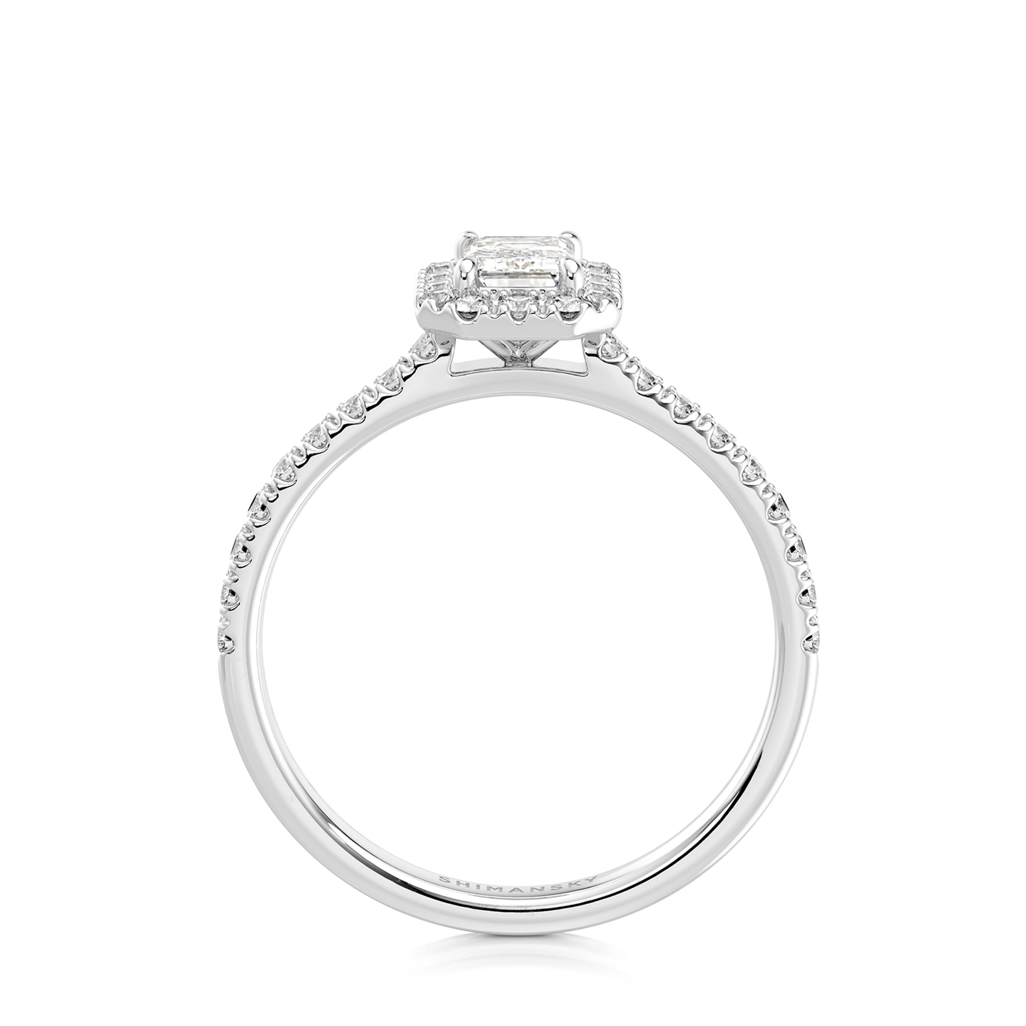 Shimansky 0.7 TCW Emerald-Cut Diamond Microset Halo Engagement Ring in White Gold Side View #Metal_White Gold