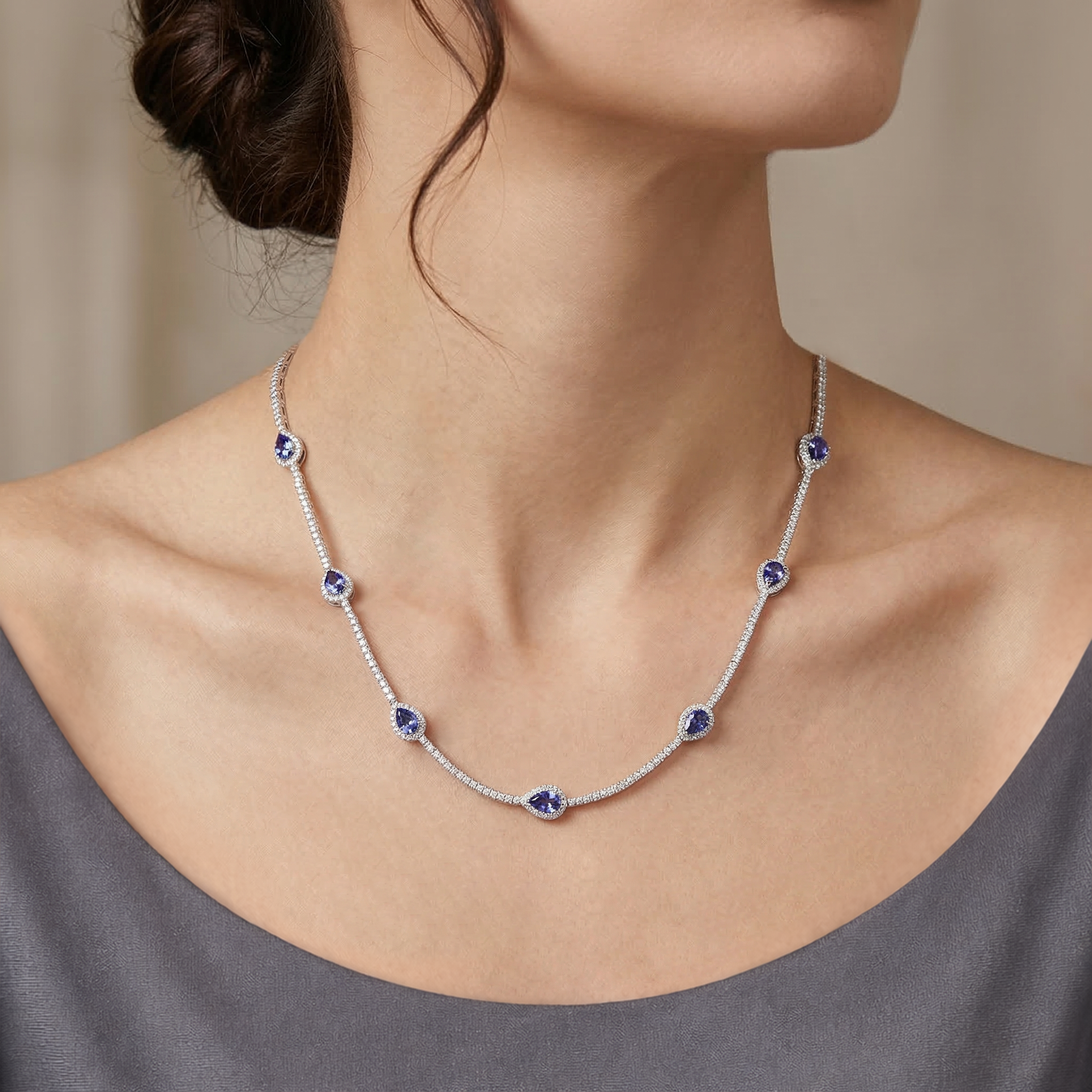 Shimansky 3 TCW Tanzanite Pear Halo Dress Neckpiece in 14K White Gold Model View