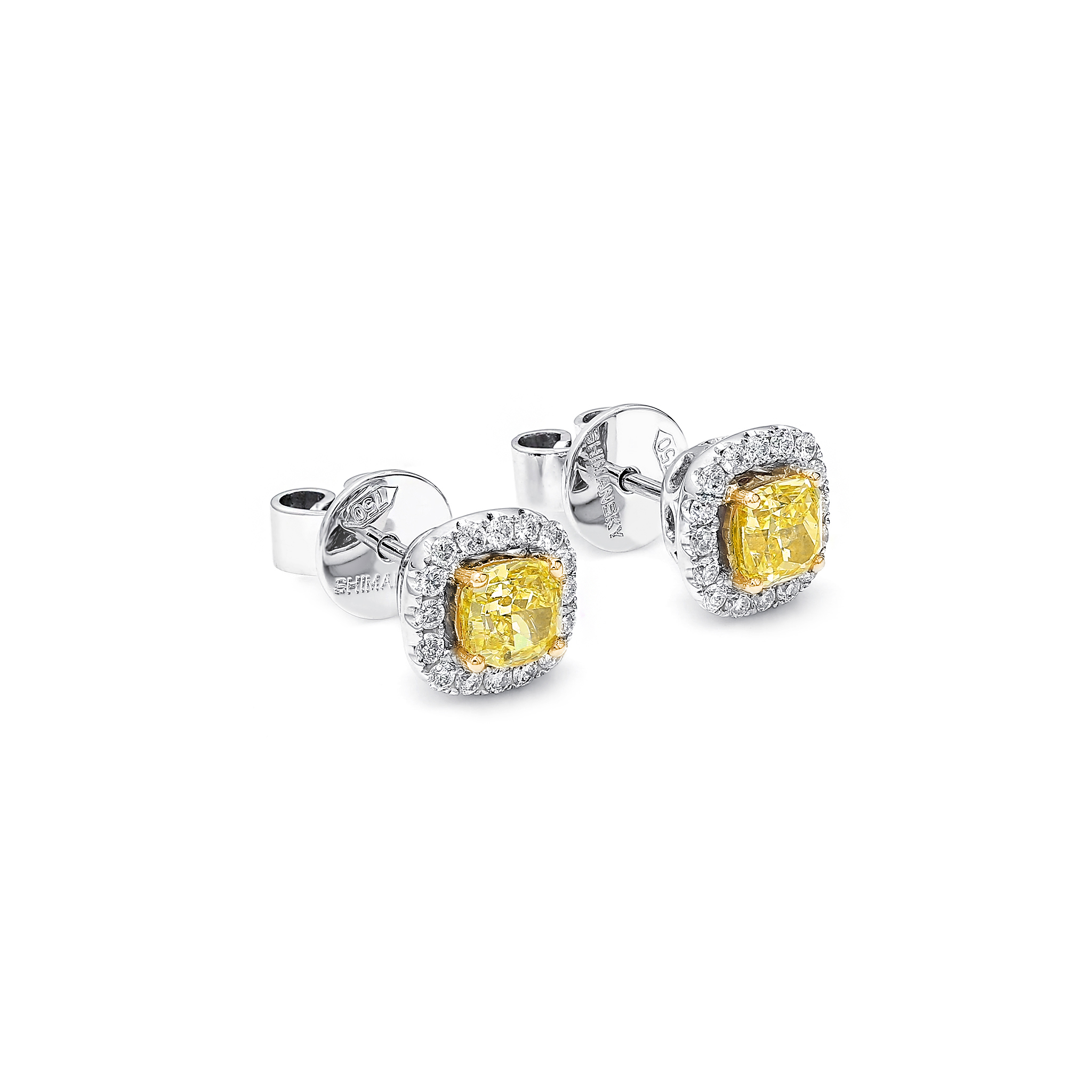 Shimansky 1.26 TCW Fancy Yellow Diamond Halo Earrings in 18K White & Yellow Gold 3D View