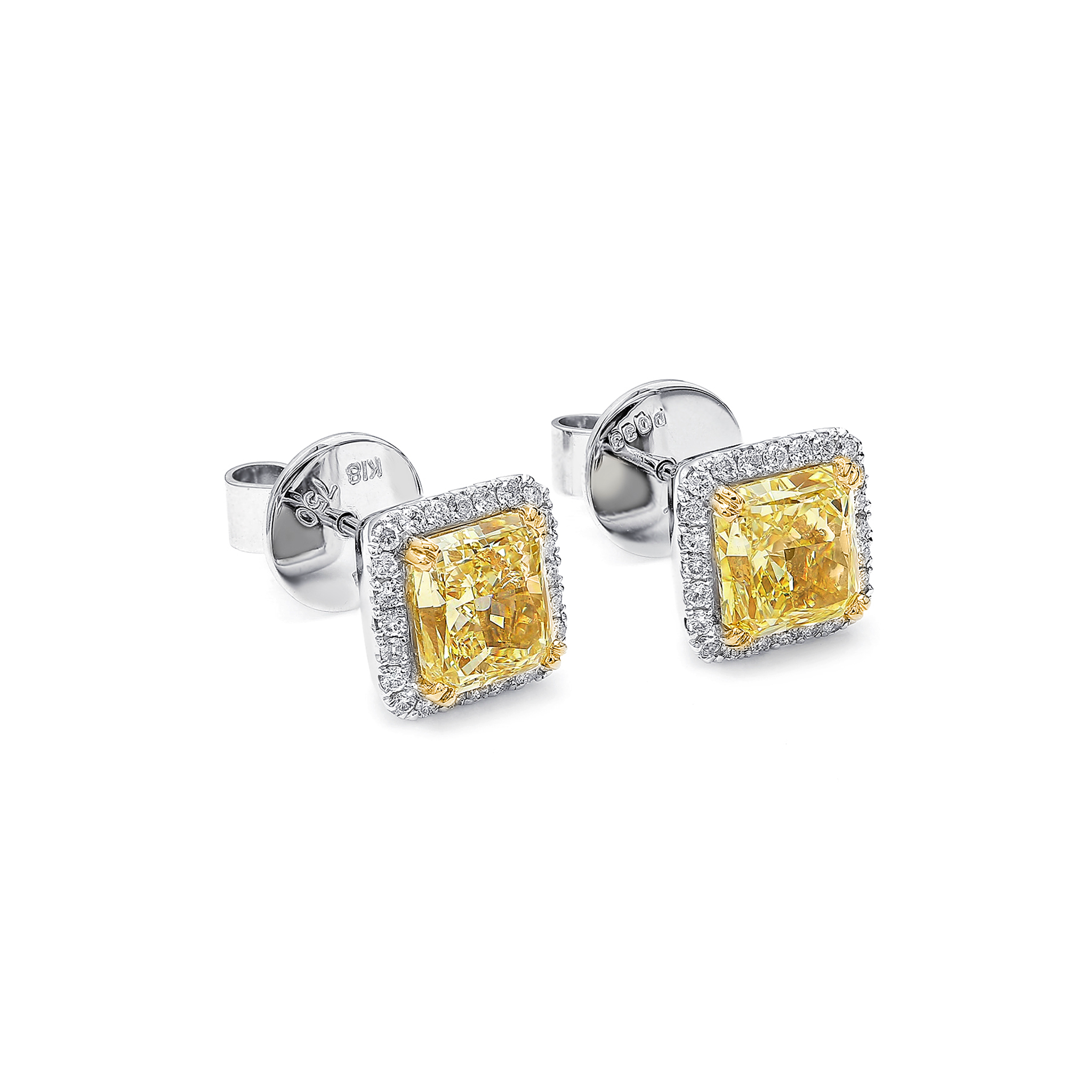Shimansky 4.4 TCW Fancy Yellow Diamond Halo Earrings in 18K White & Yellow Gold 3D View