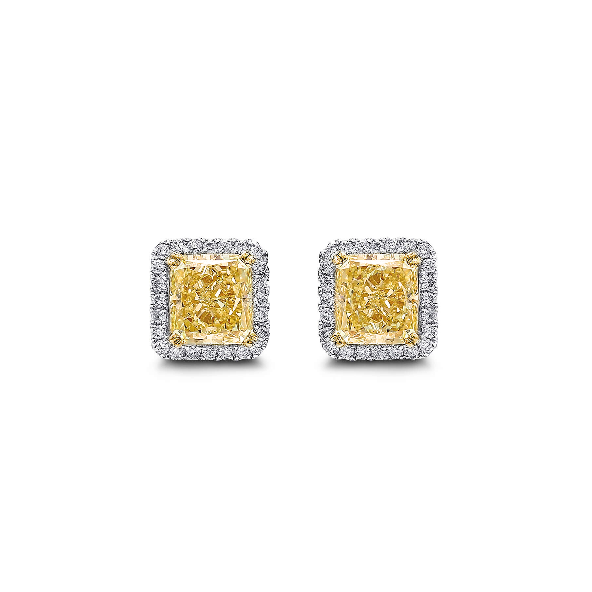 Shimansky 4.4 TCW Fancy Yellow Diamond Halo Earrings in 18K White & Yellow Gold Front View