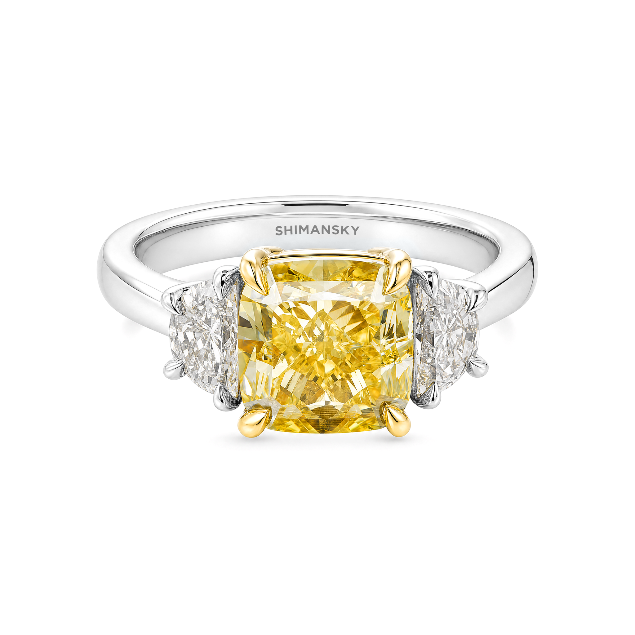 Cushion Fancy Yellow Half Moon Side Stone Ring
