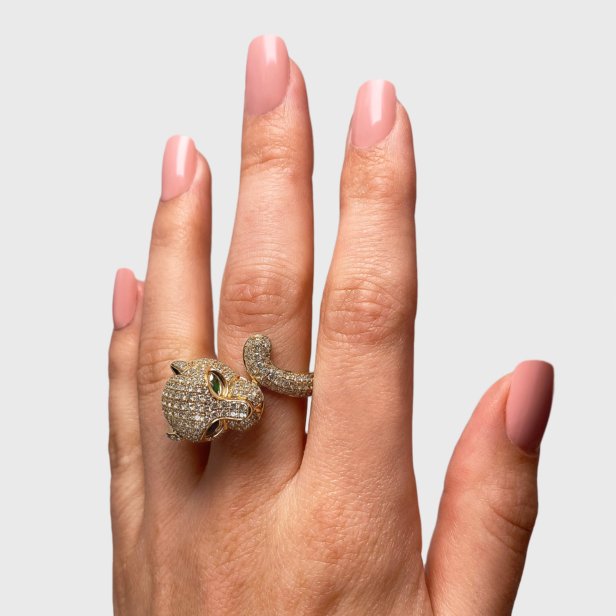 Diamond and Tsavorite Panther Ring In 18K Yellow Gold Hand View