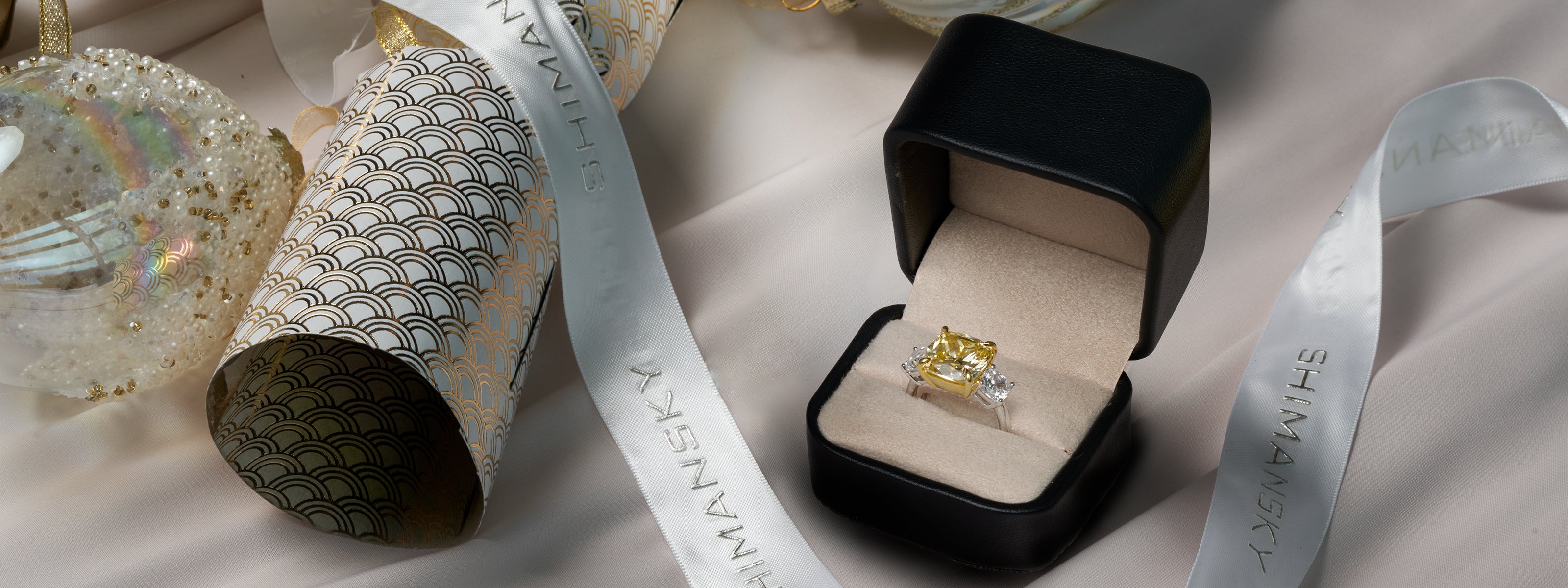 Shimansky Fancy Yellow Diamond Engagement ring in a gift box