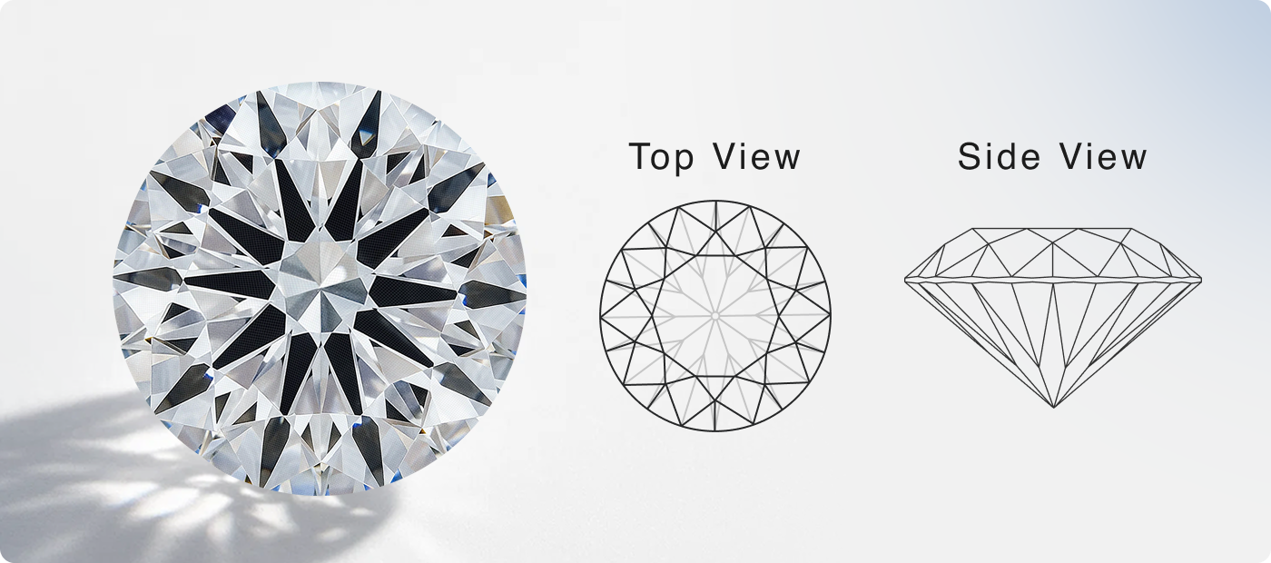 Diagram showing the Shimansky Brilliant 10 diamond: top-view, side-profile cut and bottom-view, cut and polished in Cape Town.