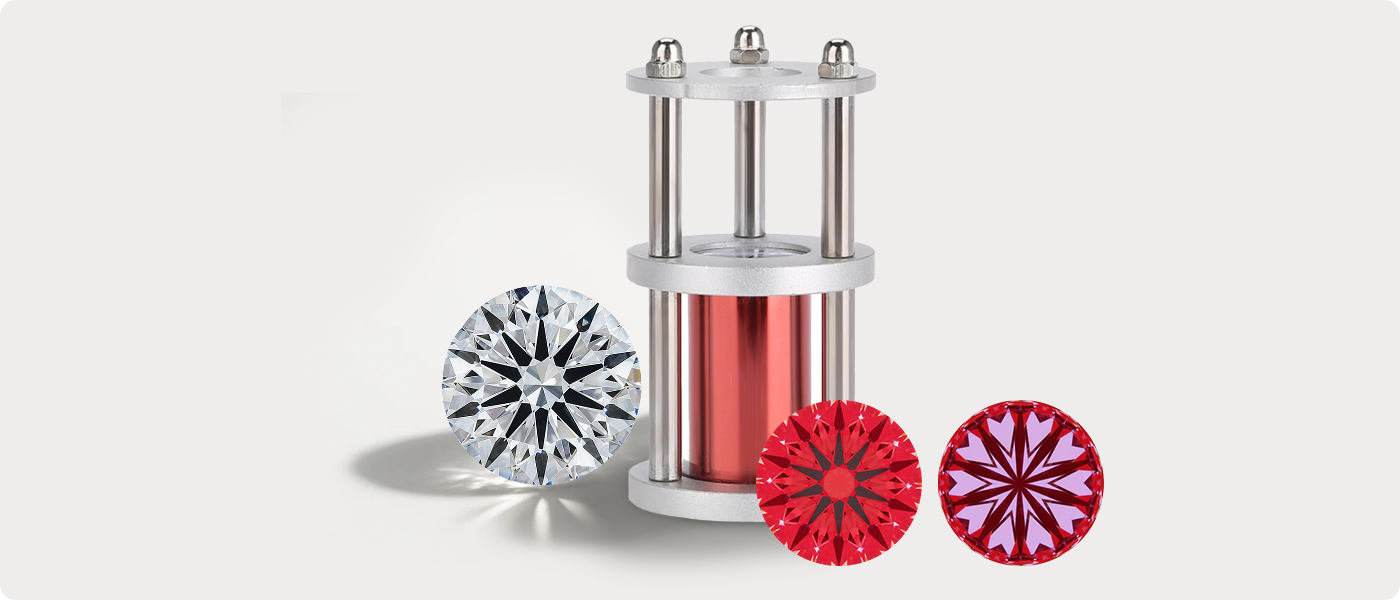 Shimansky Brilliant 10™ diamond showcased under Ideal Scope revealing 10 hearts and 10 arrows pattern, demonstrating superior light return and precision faceting, top view
