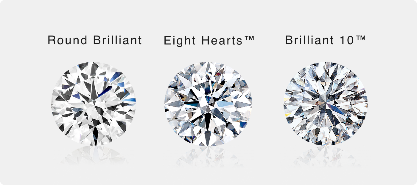 Shimansky diamond comparison featuring Round Brilliant, Eight Hearts™ and Brilliant 10™ cuts, showcasing superior light return, fire and precision faceting, top view