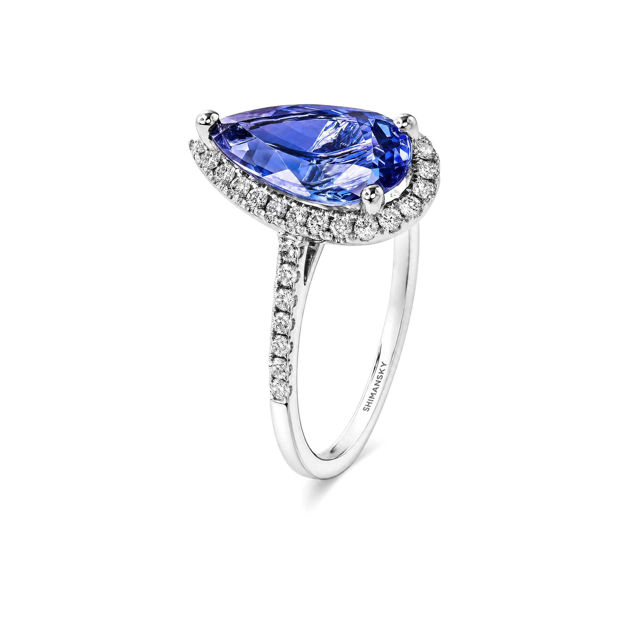 Shimansky 3ct Microset Halo Pear Tanzanite Ring in 18K White Gold - 3D View #card-first #Metal_White Gold #card-first