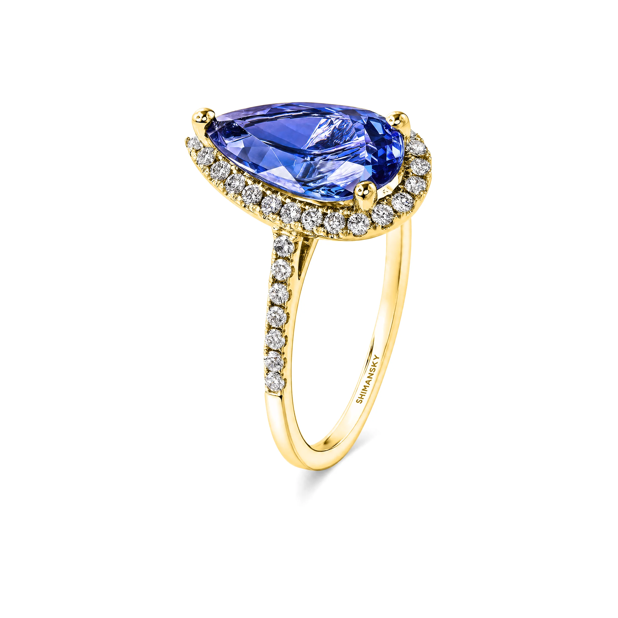 Shimansky 3ct Microset Halo Pear Tanzanite Ring in 18K Yellow Gold - 3D View #Metal_Yellow Gold #card-first