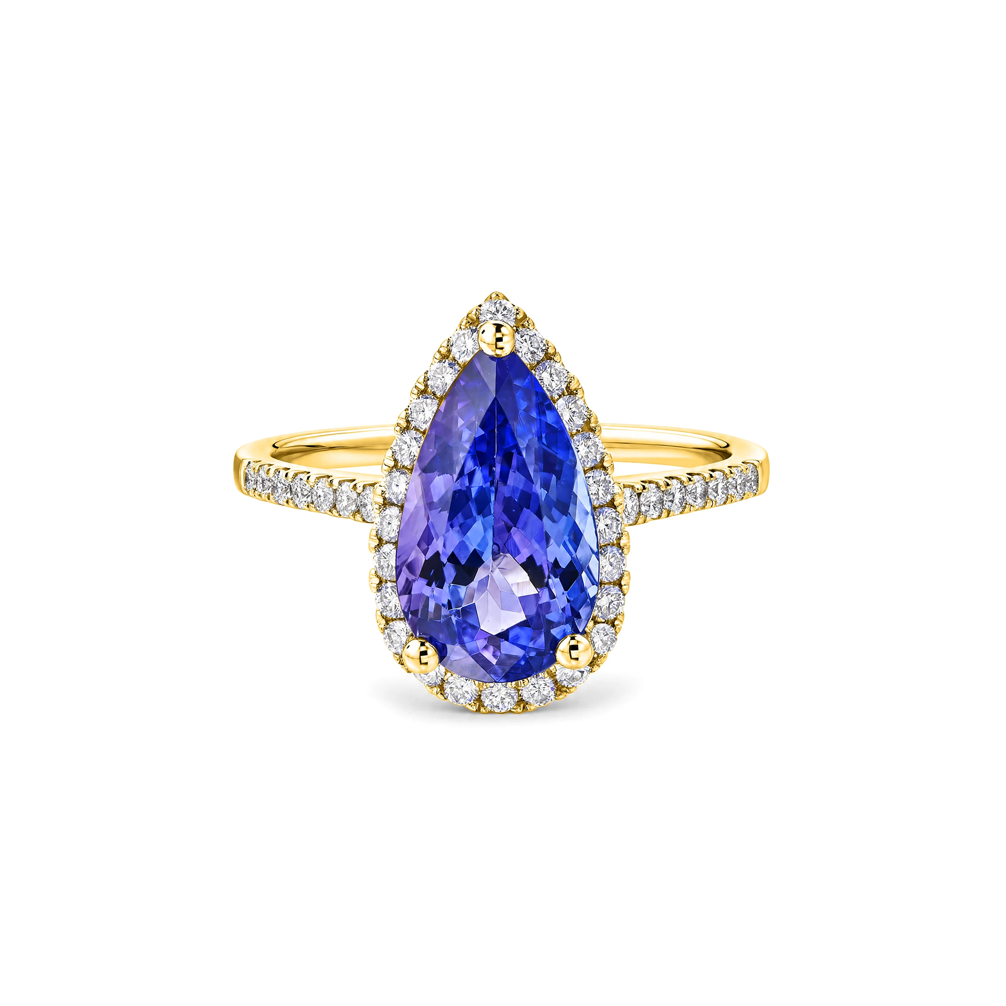 Shimansky 3ct Microset Halo Pear Tanzanite Ring in 18K Yellow Gold - Front View #Metal_Yellow Gold