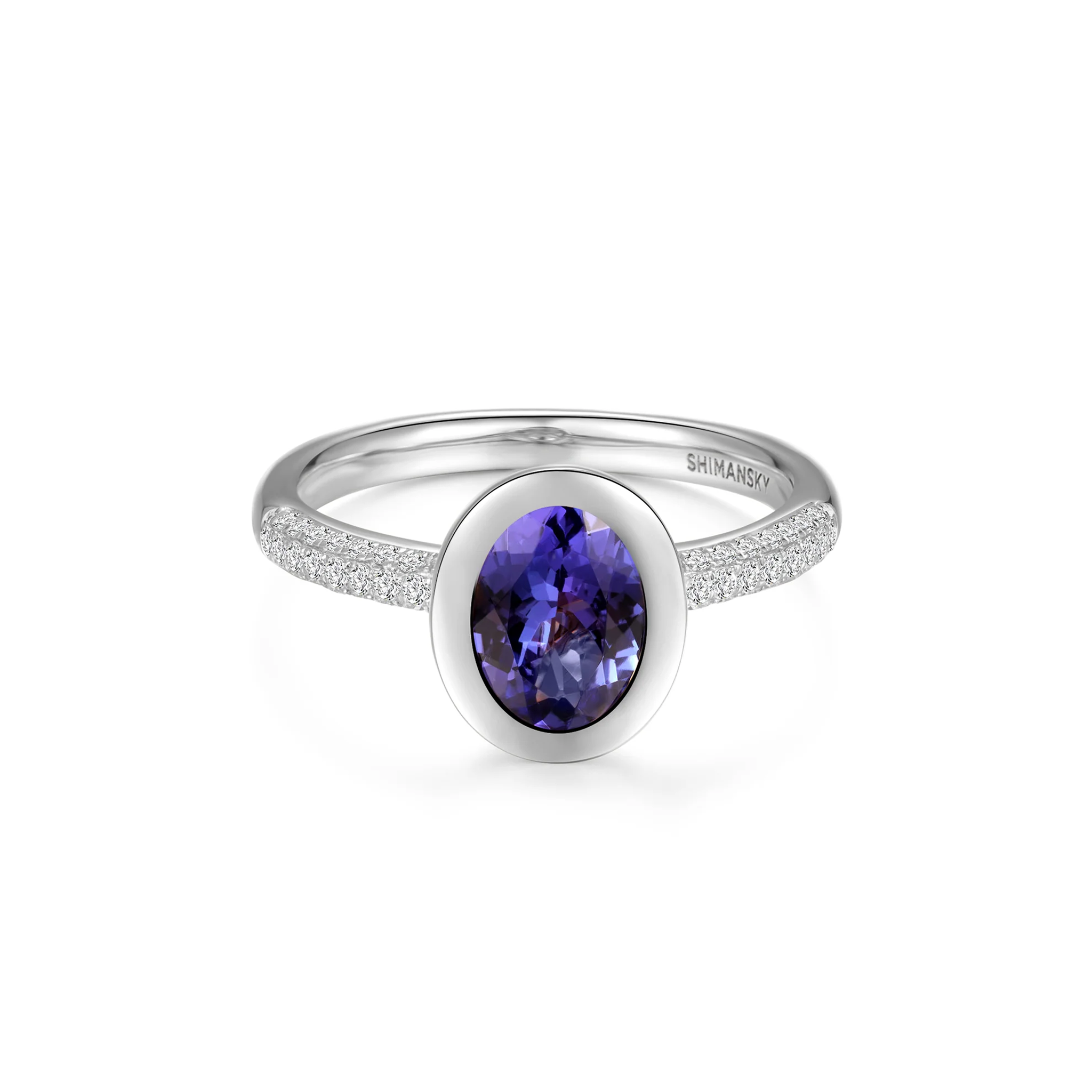 Shimansky 1.7 TCW Oval Tanzanite Bezel set Ring in 14K White Gold Front View #Metal_White Gold