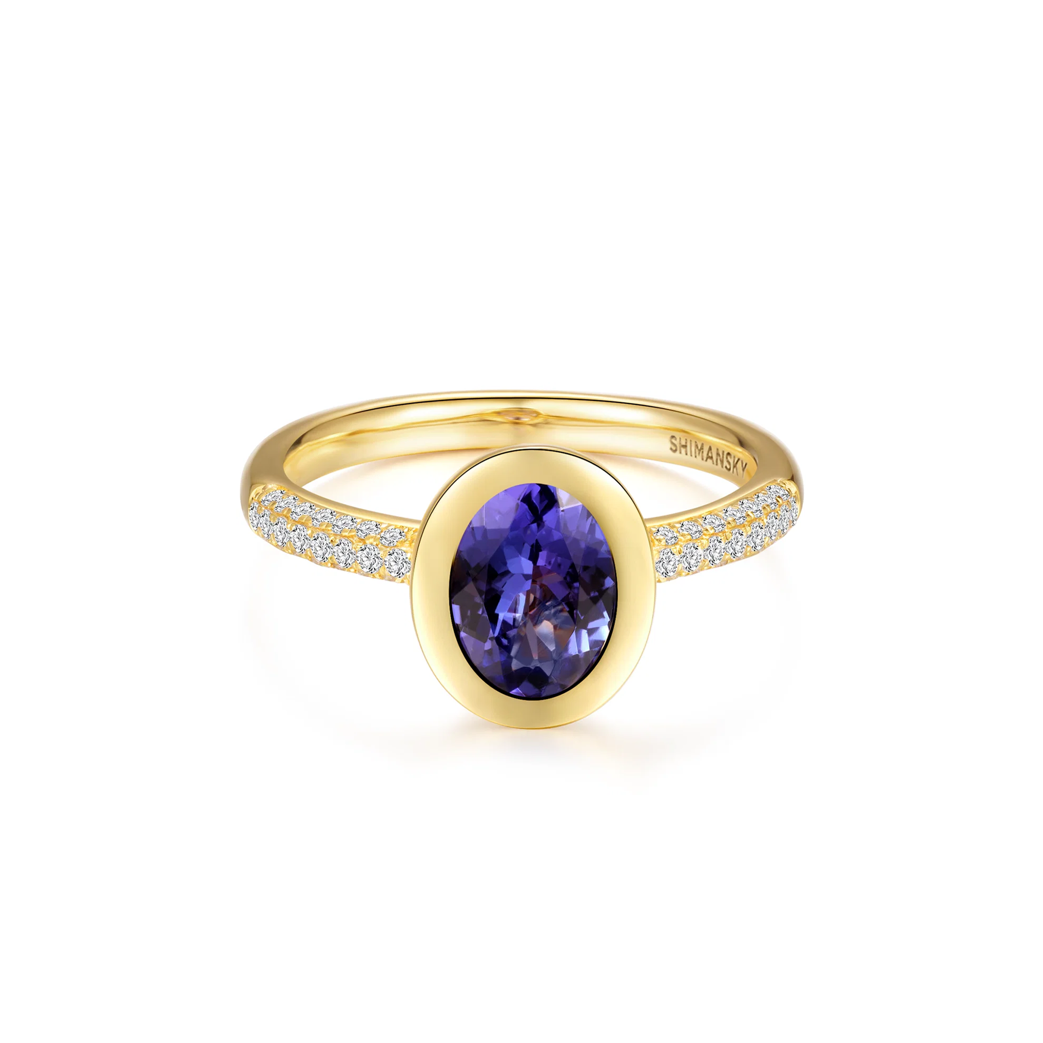 Shimansky 1.5 TCW Oval Tanzanite Bezel set Ring in 14K Yellow Gold Front View #Metal_Yellow Gold