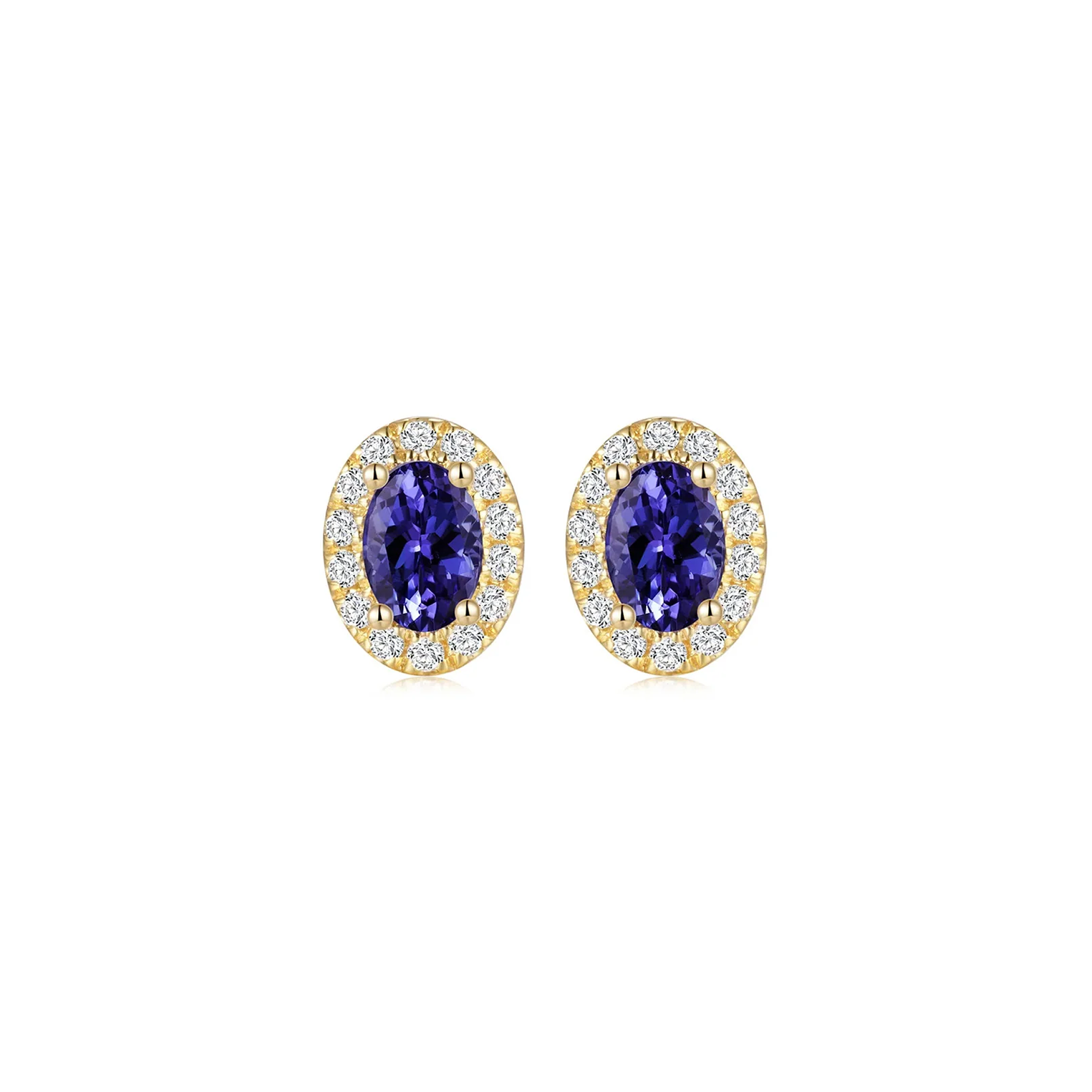 Shimansky 1 TCW Oval Tanzanite Halo Stud Earrings in 14K Yellow Gold Front View