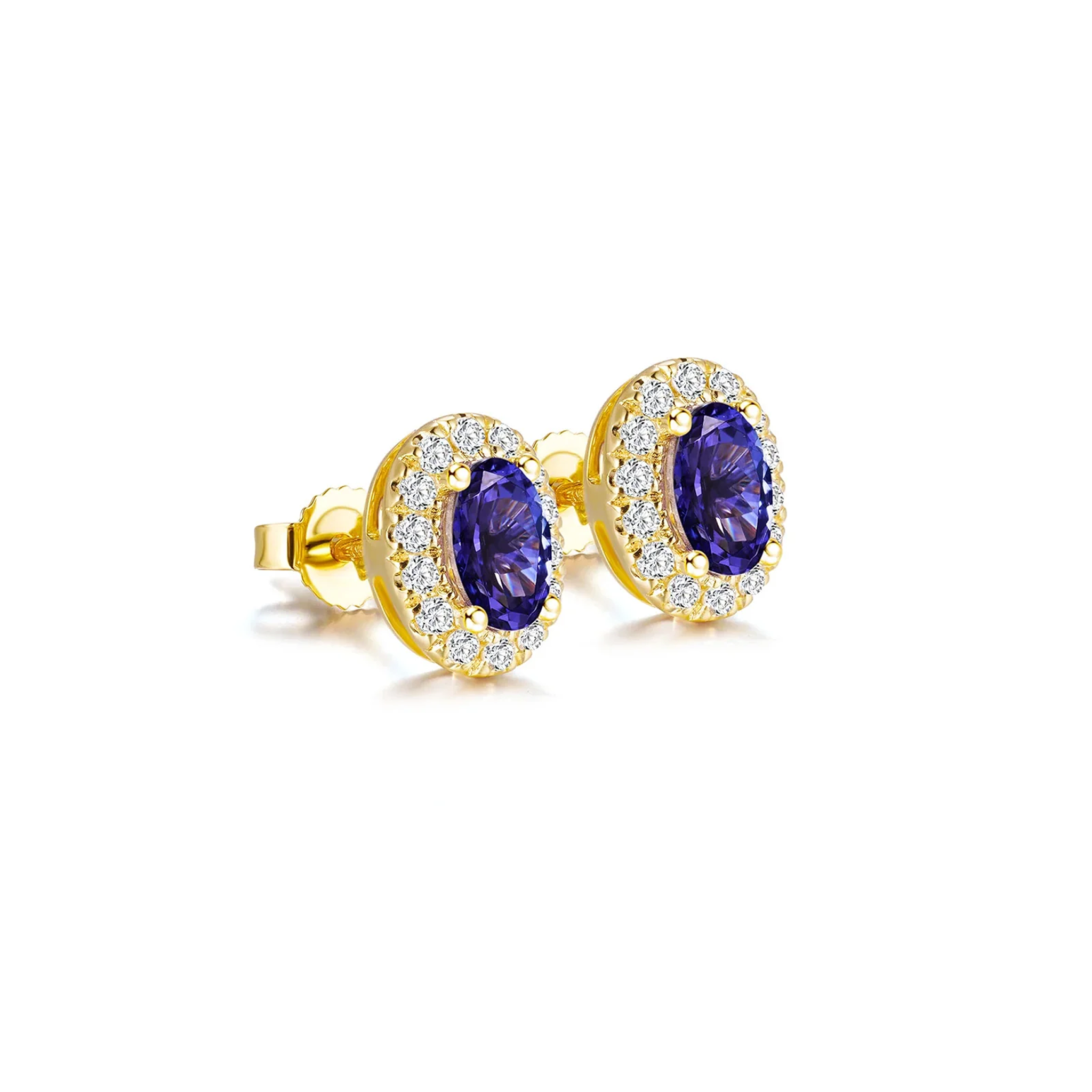Shimansky 1 TCW Oval Tanzanite Halo Stud Earrings in 14K Yellow Gold 3D View