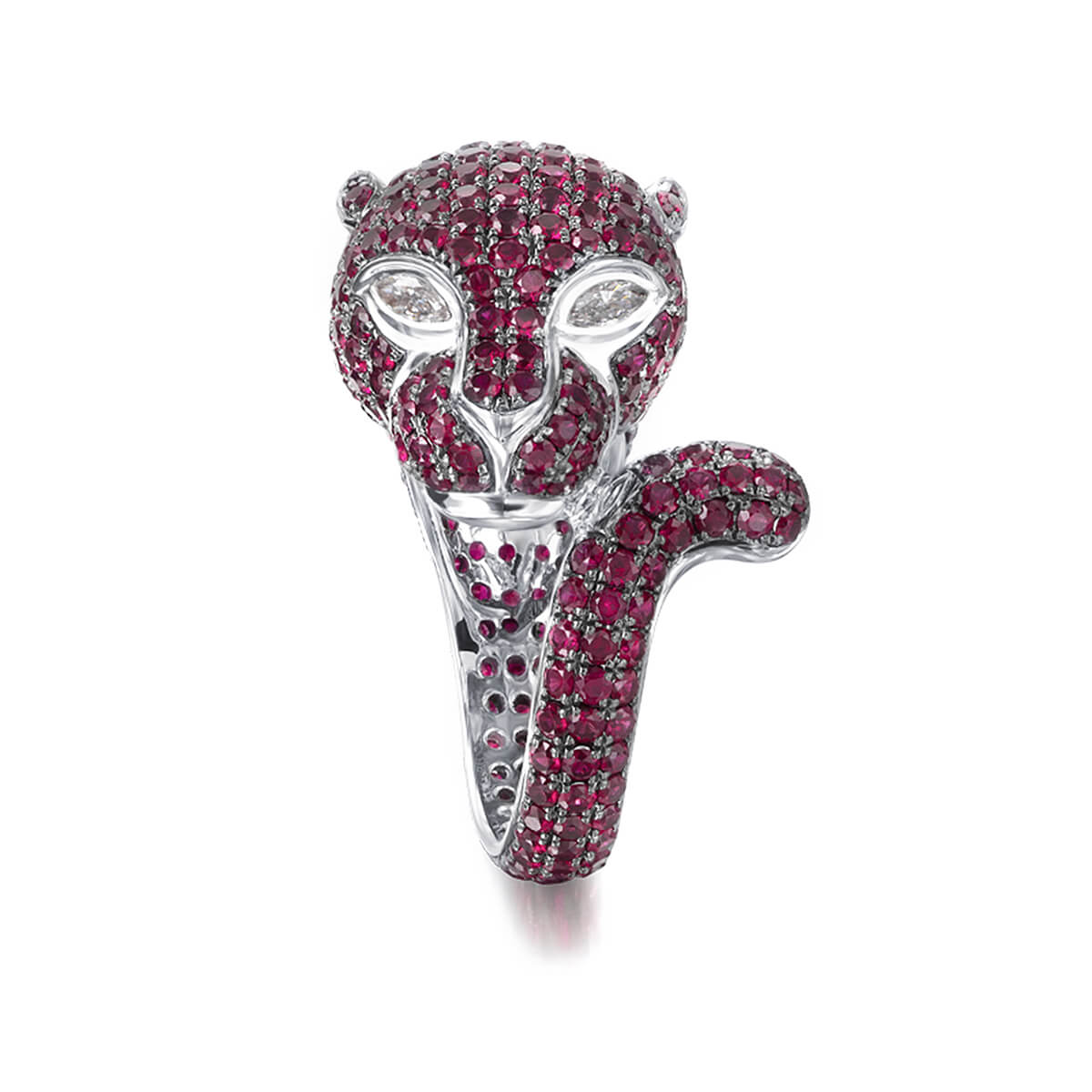 Shimansky 4.4 TCW Ruby Panther Ring in 18K White Gold Profile View