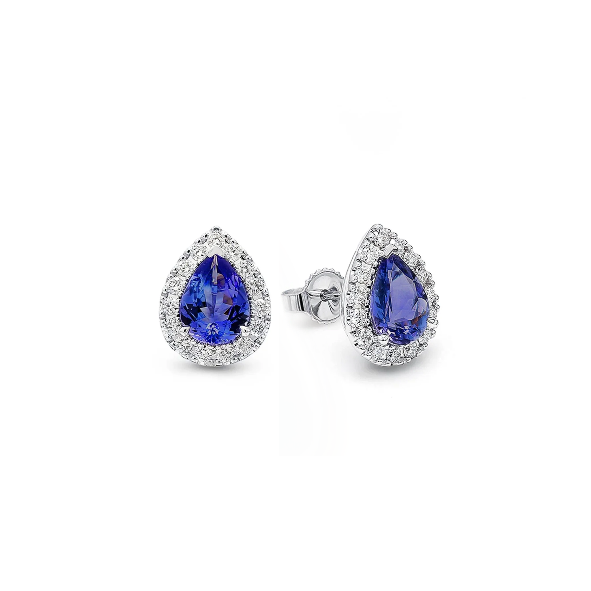 Shimansky 2.1 TCW Pear Tanzanite Halo Stud Earrings in 18K White Gold 3D View