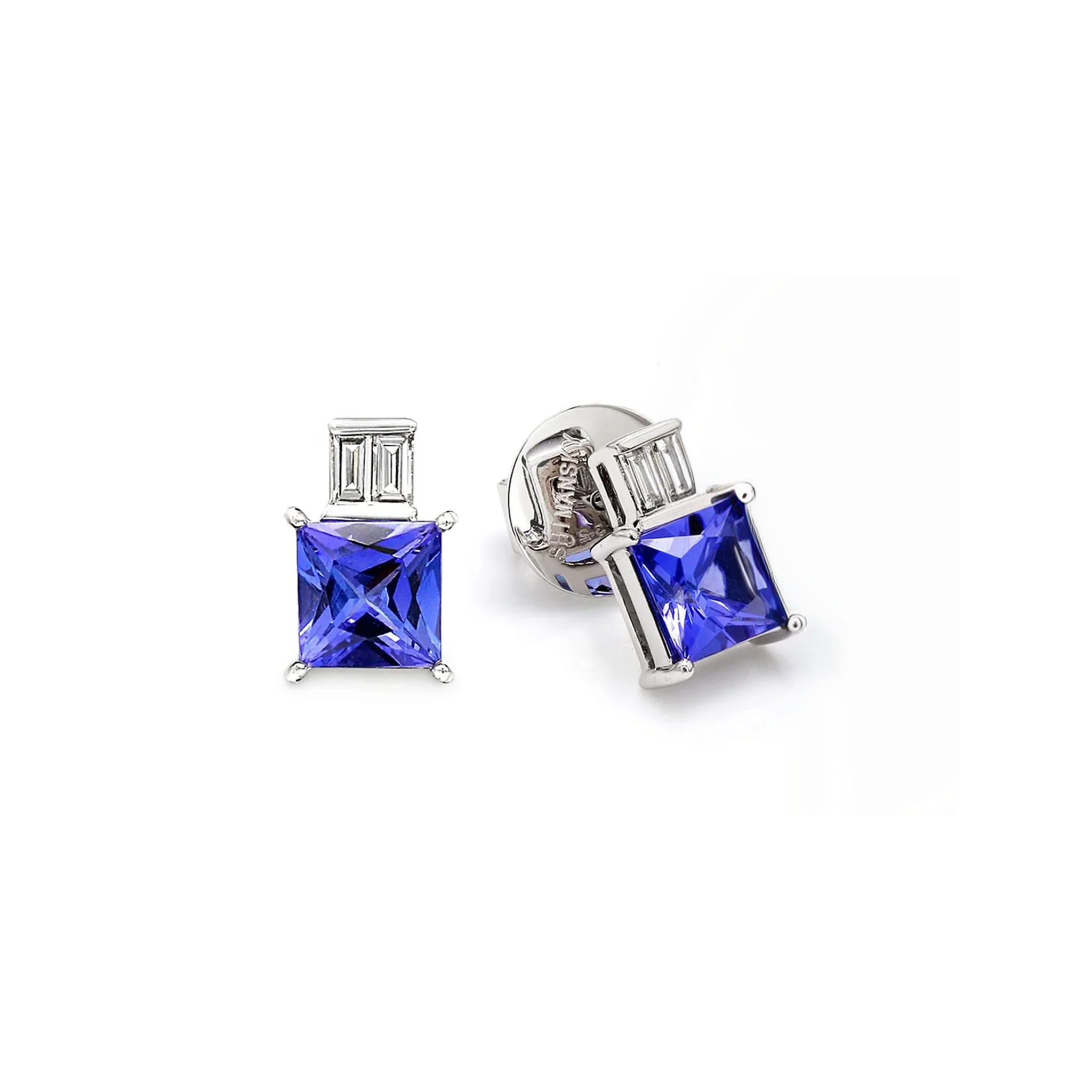 Shimansky 3.2 TCW Princess Tanzanite & Baguette Diamond Earrings in 18K White Gold 3D View