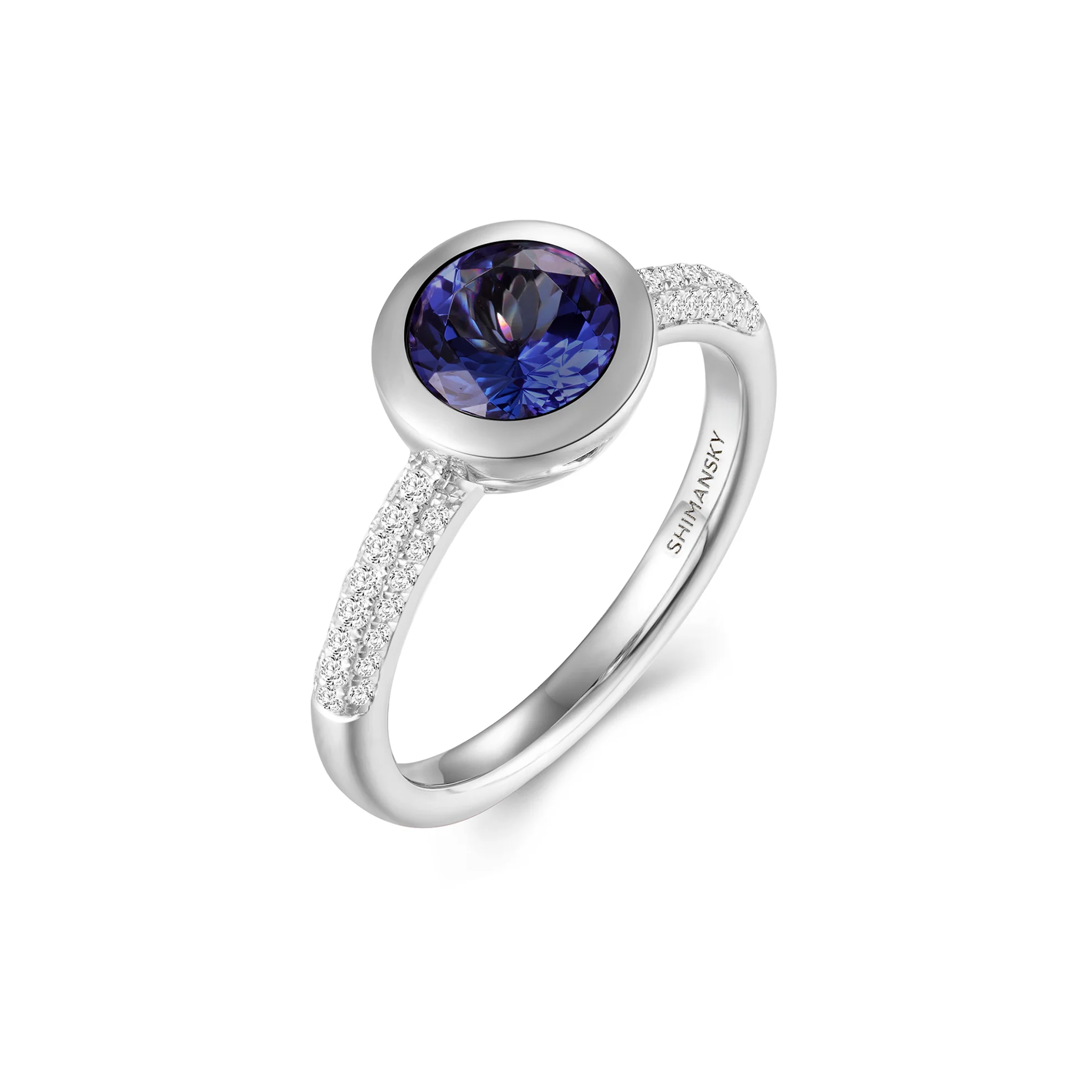 Shimansky 1.5ct Round Tanzanite Bezel set Ring 14K White Gold 3D View #Metal_White Gold #card-first