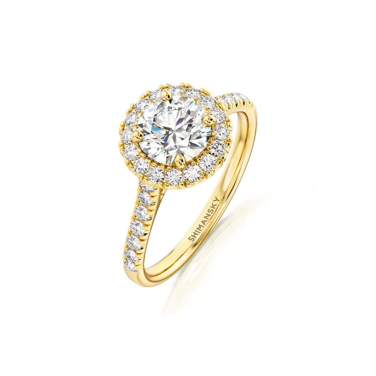 Shimansky Round Diamond Microset Halo Engagement Ring 18K Yellow Gold - 3D View #Metal_Yellow Gold #Carat Weight_1 #card-first