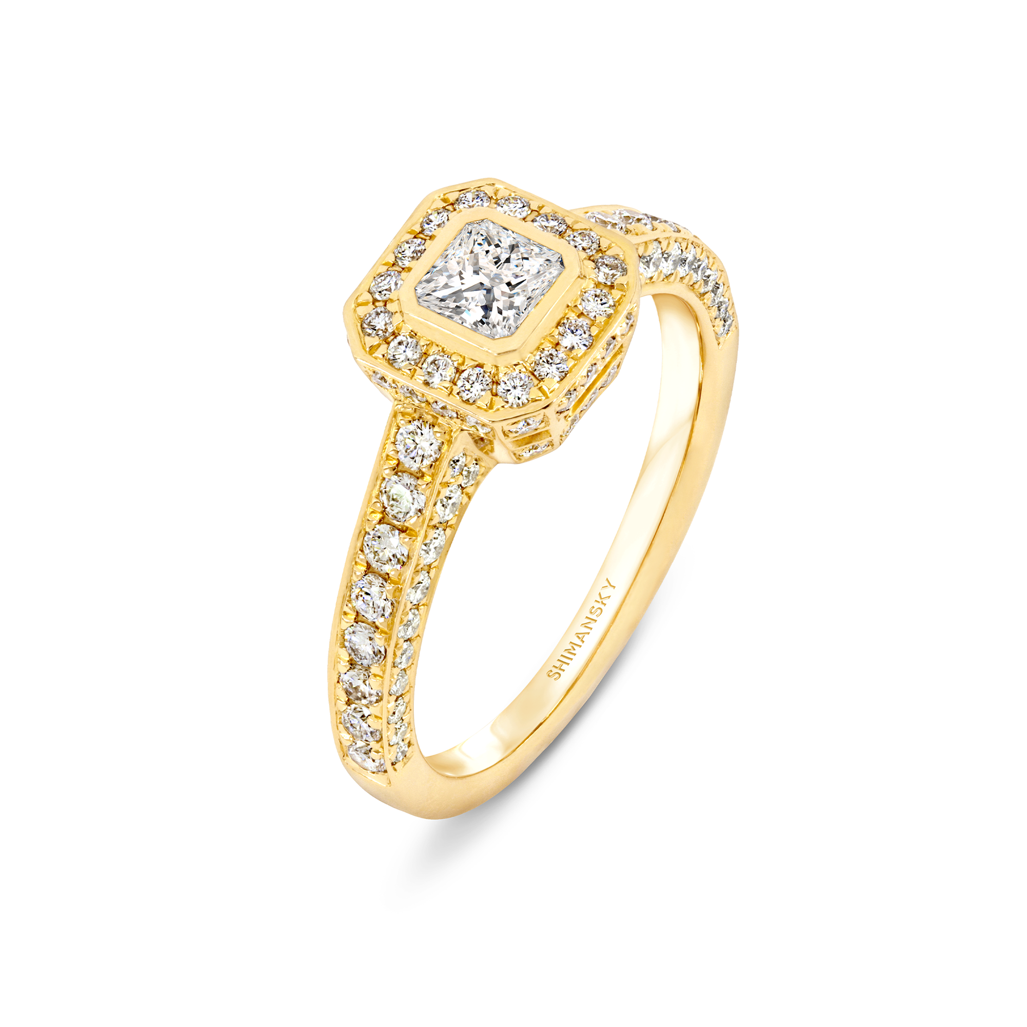 Shimansky 0.9 TCW My Girl Diamond Pavé Halo Ring 18K Yellow Gold 3D View #card-first