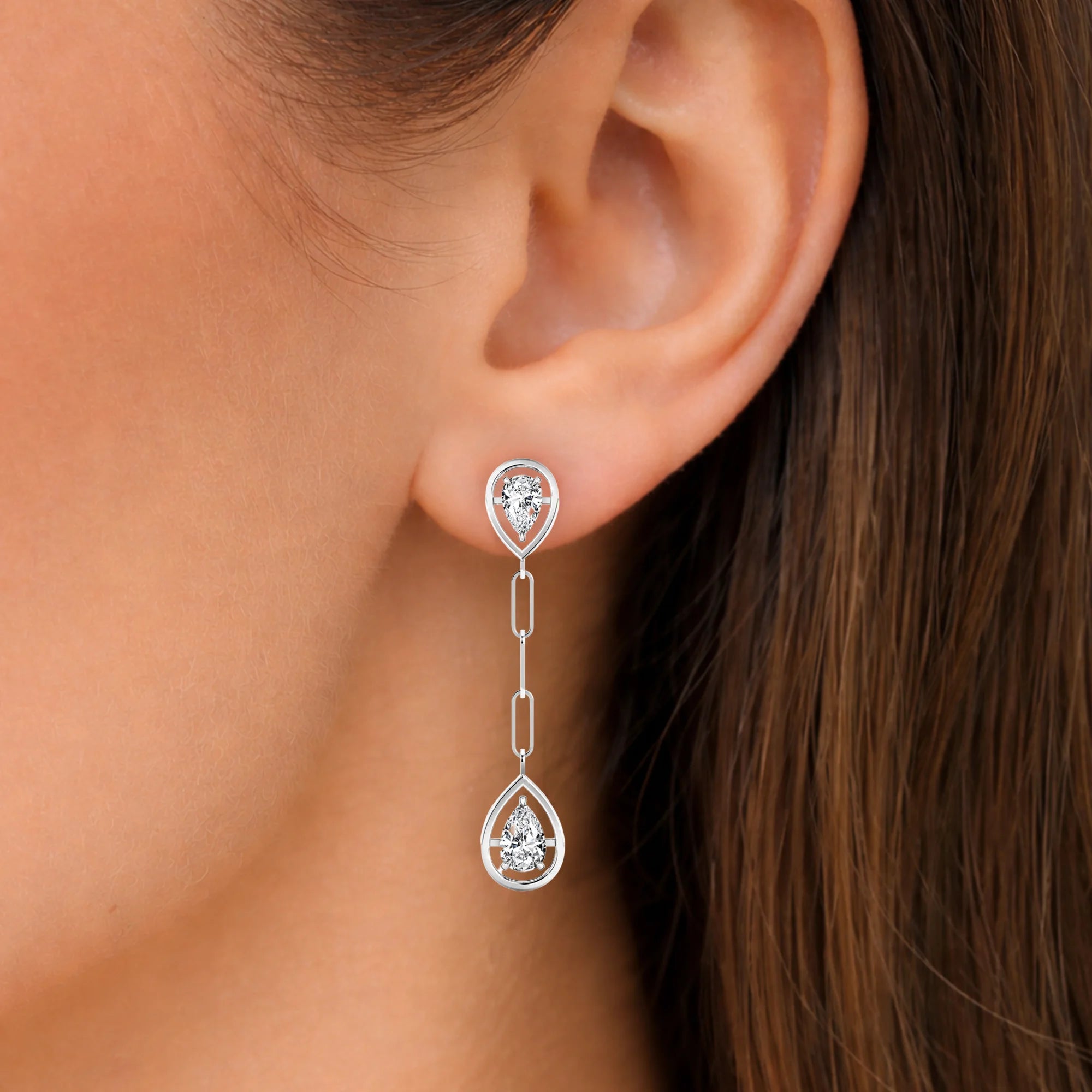 Shimansky 1.1 TCW Saturn Pear Diamond Drop Earrings in 14K White Gold Model View