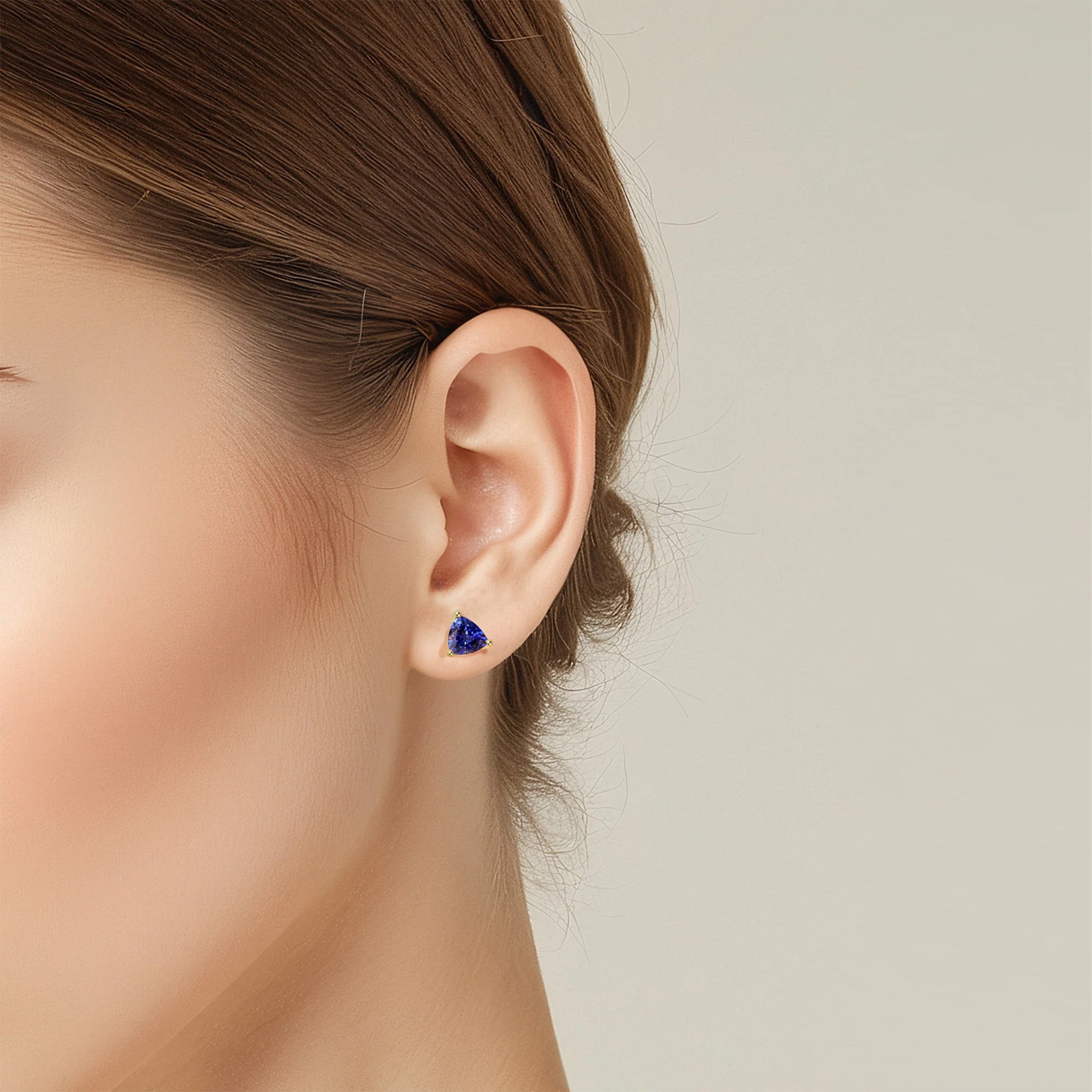 Shimansky 1.3 TCW Trilliant Tanzanite Solitaire Stud Earrings in 14K Yellow Gold Model View