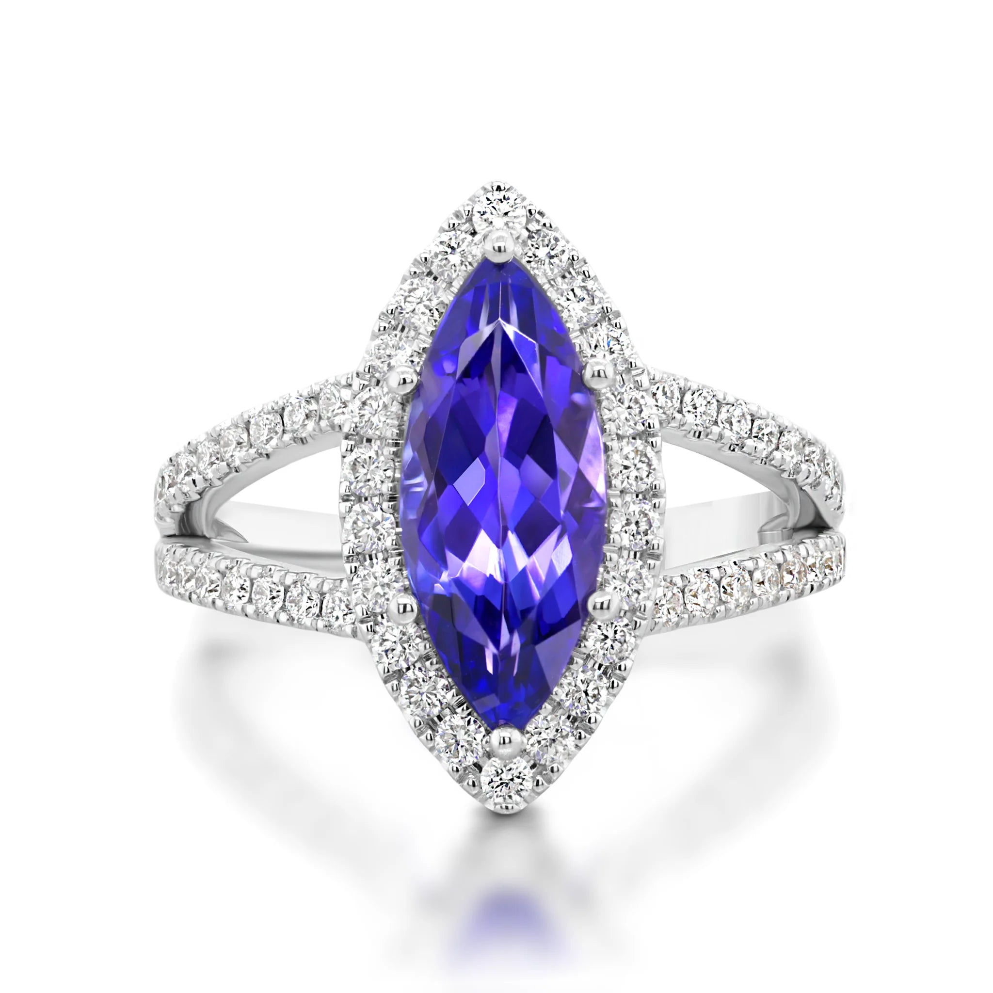 Shimansky 2.6 TCW Tanzanite Marquise Halo Dress Ring in 14K White Gold Front View