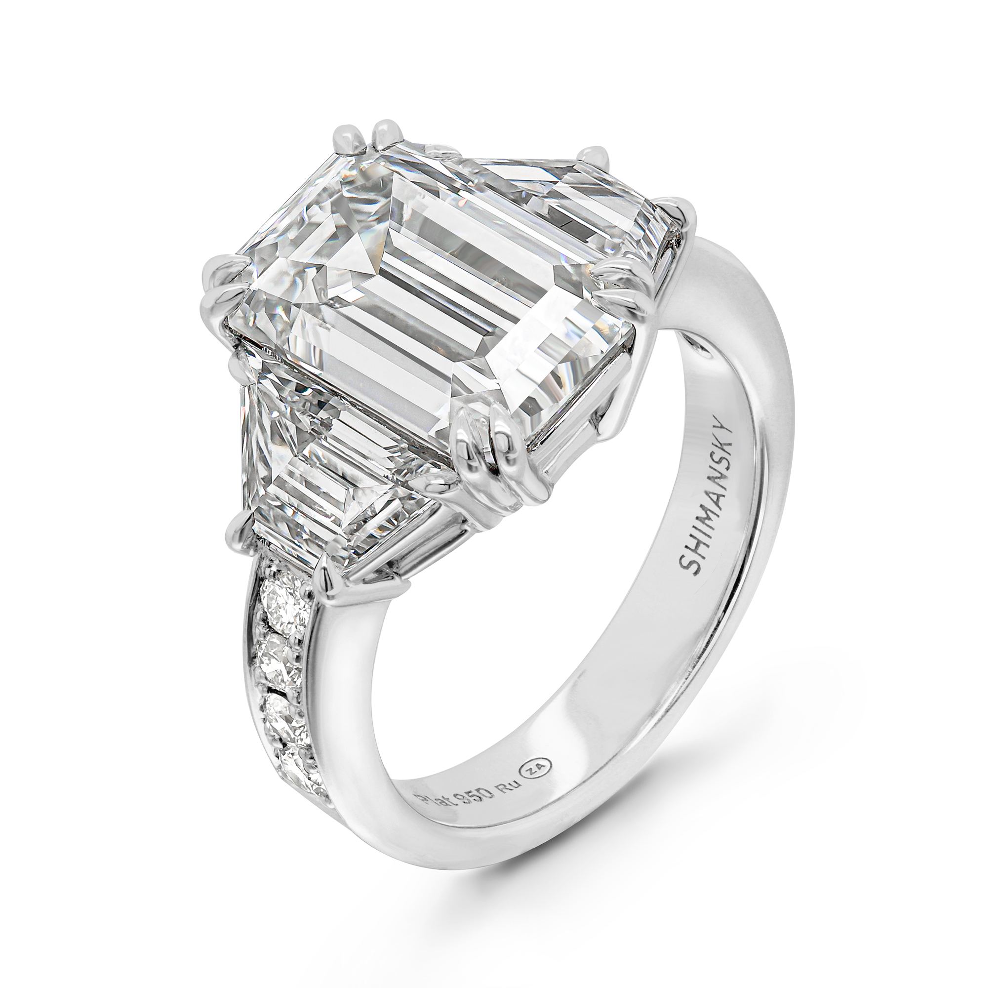 Shimansky Emerald Diamond Trilogy Engagement Ring in Platinum - 3D View
