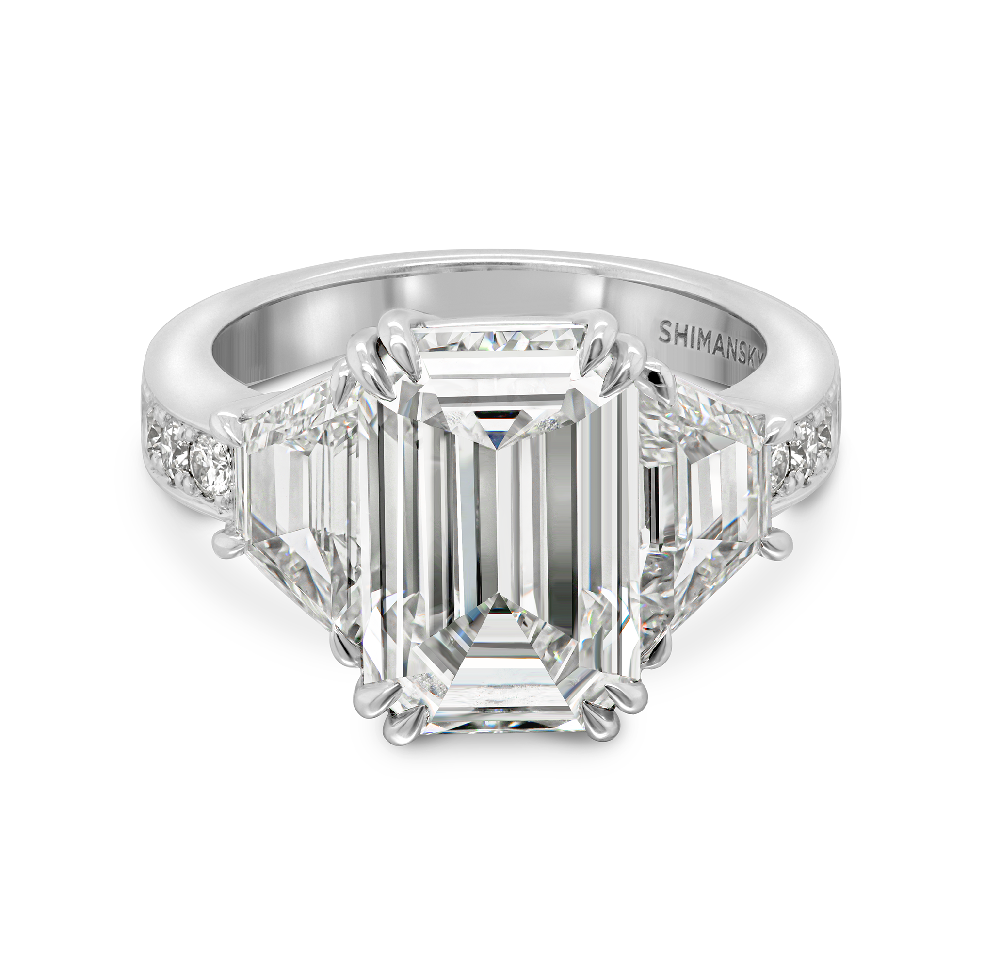 Shimansky Emerald Diamond Trilogy Engagement Ring in Platinum - Front View