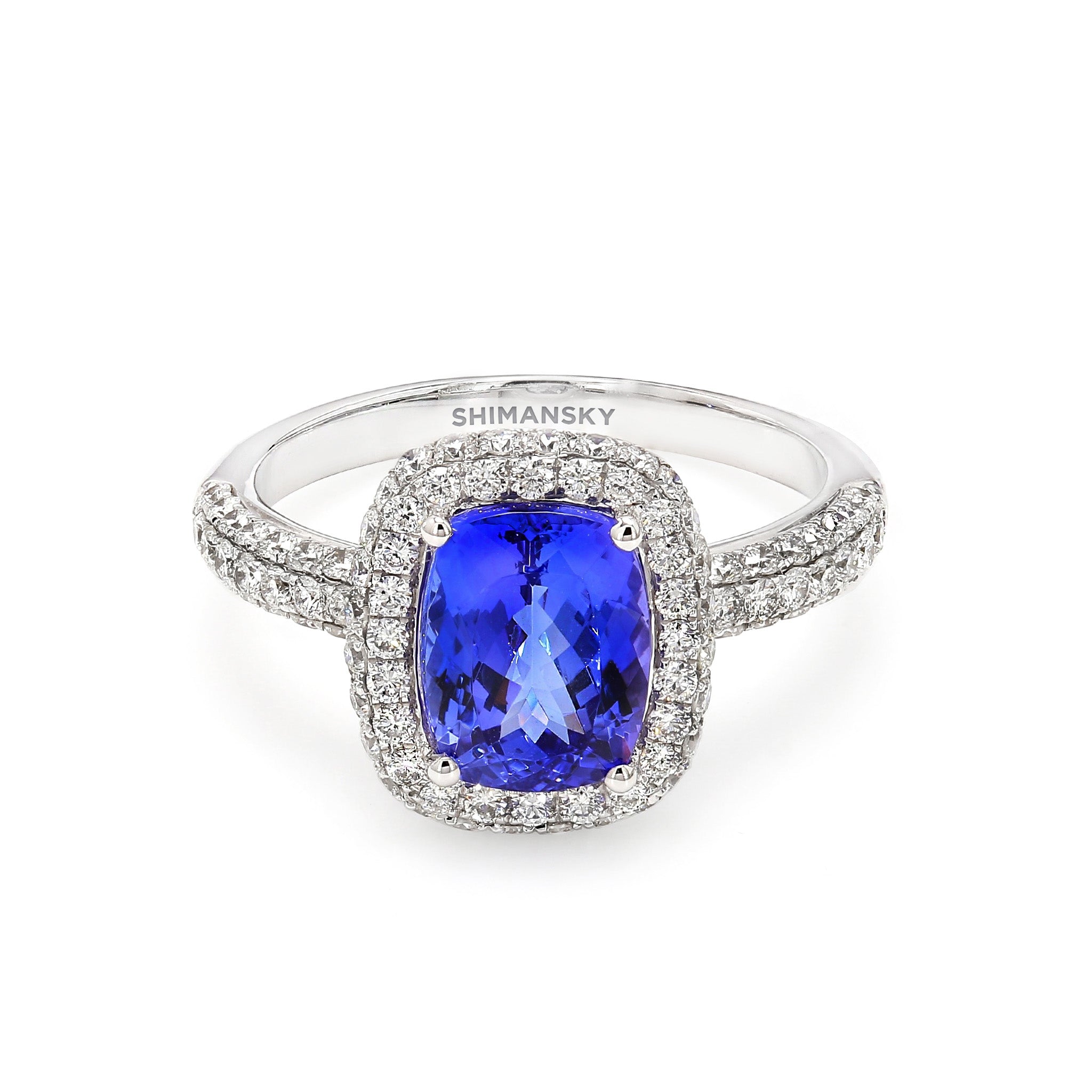 Shimansky Tanzanite and Diamond Halo Ring 18K White Gold Front View